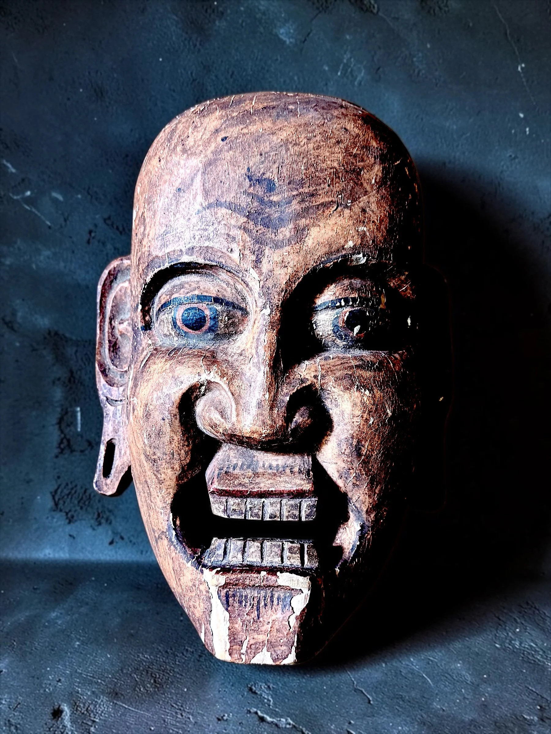 Vintage Carved Wood Human Mask with Painted Features 

