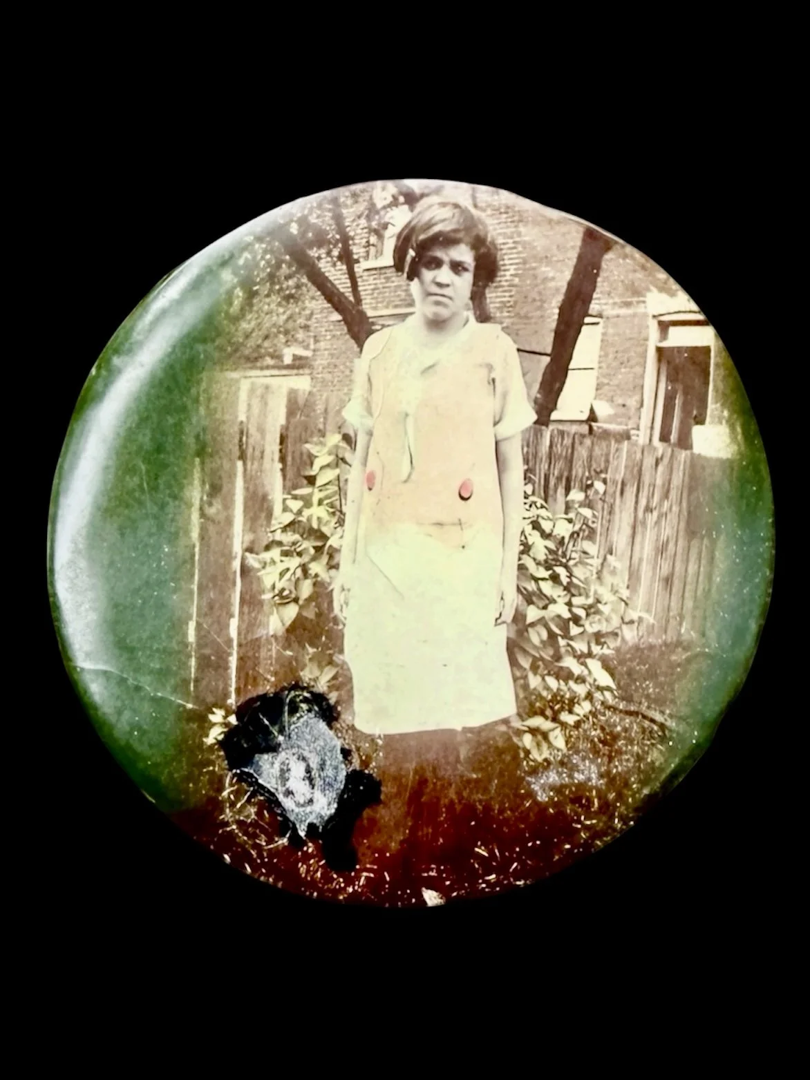 Antique Celluloid Photo Compact, 2", contents of powder and pad intact.  Subject unknown. c. 1915-25 - $200