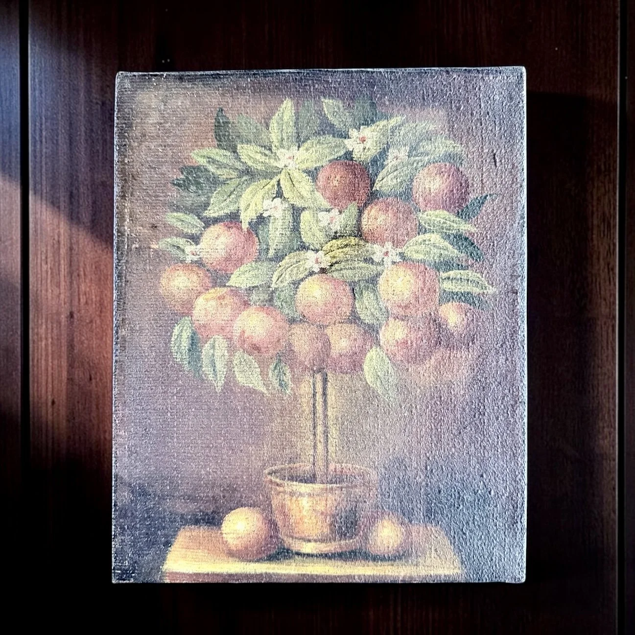 Antique oil on canvas depicting L'Oranger, circa 1900 based on construction and materials, Unsigned, Acquired in Paris. 10" x 8"