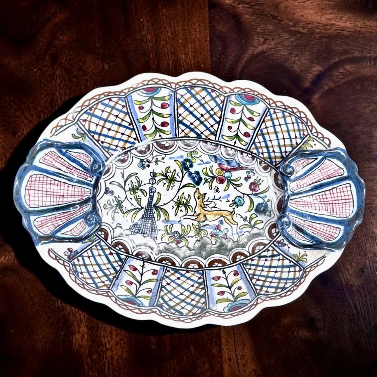 Vintage Estrela de Conímbriga Portuguese Faience Platter with Leaping Deer and Raised Shell Cups, c.1970, Portugal