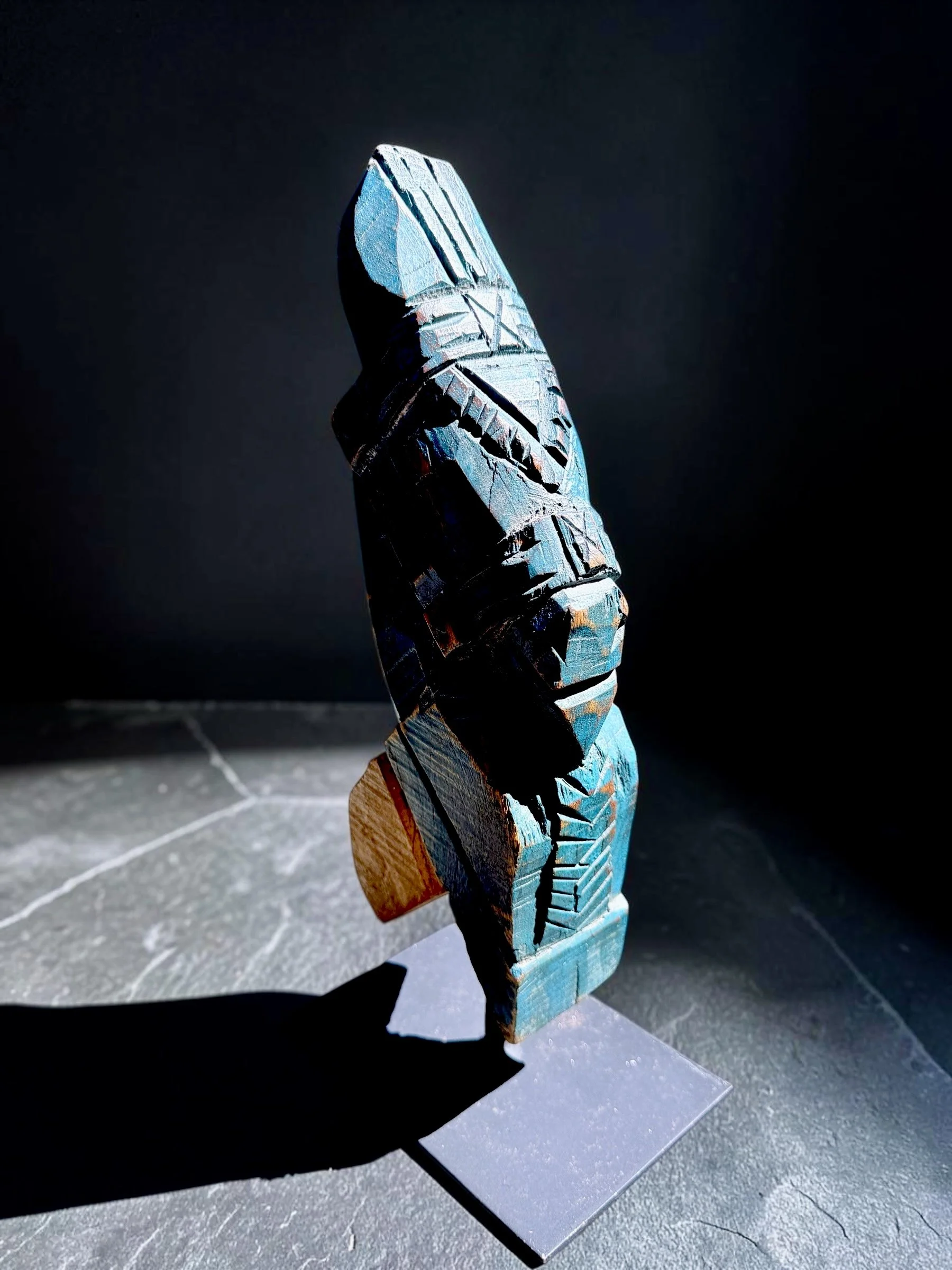 Carved Indian Architectural Salvage Horse, No. 2 of 3. Hand-carved and painted wood fragment mounted on a custom stand. Early 20th century, c. 1900–1930. Approx. 13" h × 5" w × 5" d. Age-related paint loss, wear, cracks and irregularities.