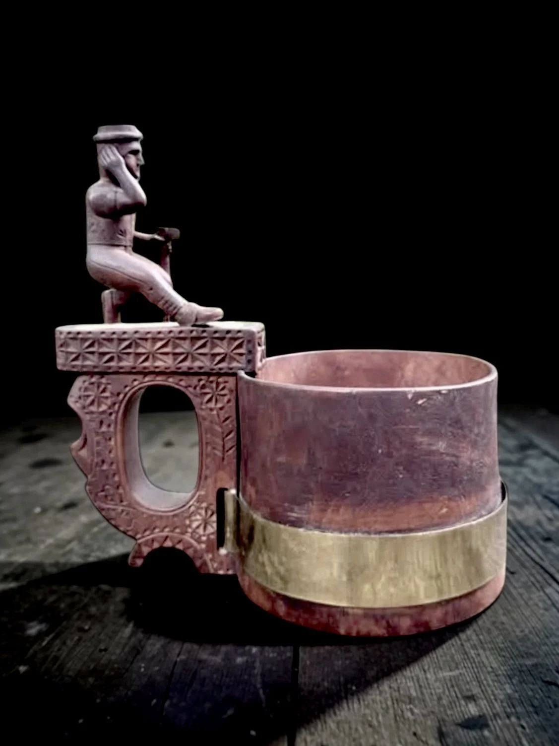 19th-century Slovak črpák — a shepherd's whey cup with anthropomorphic figural finial and original brass coopering band, Zólyom County type, museum-documented form. - $600