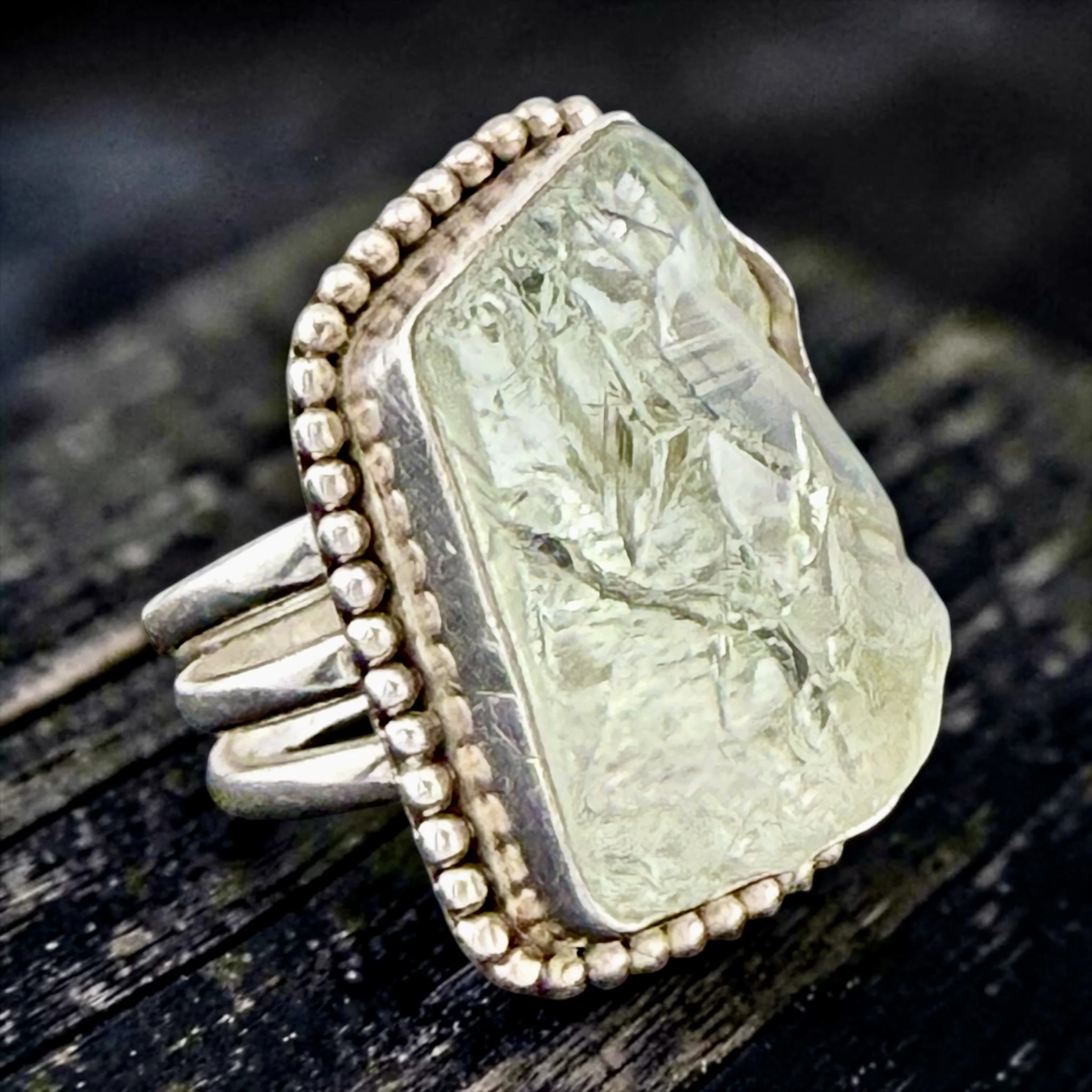 Raw Aquamarine and 925 Sterling Silver Ring. Pale glacial green, bezel-set tieh granulated border and triple-band shank. Handmade. - $295