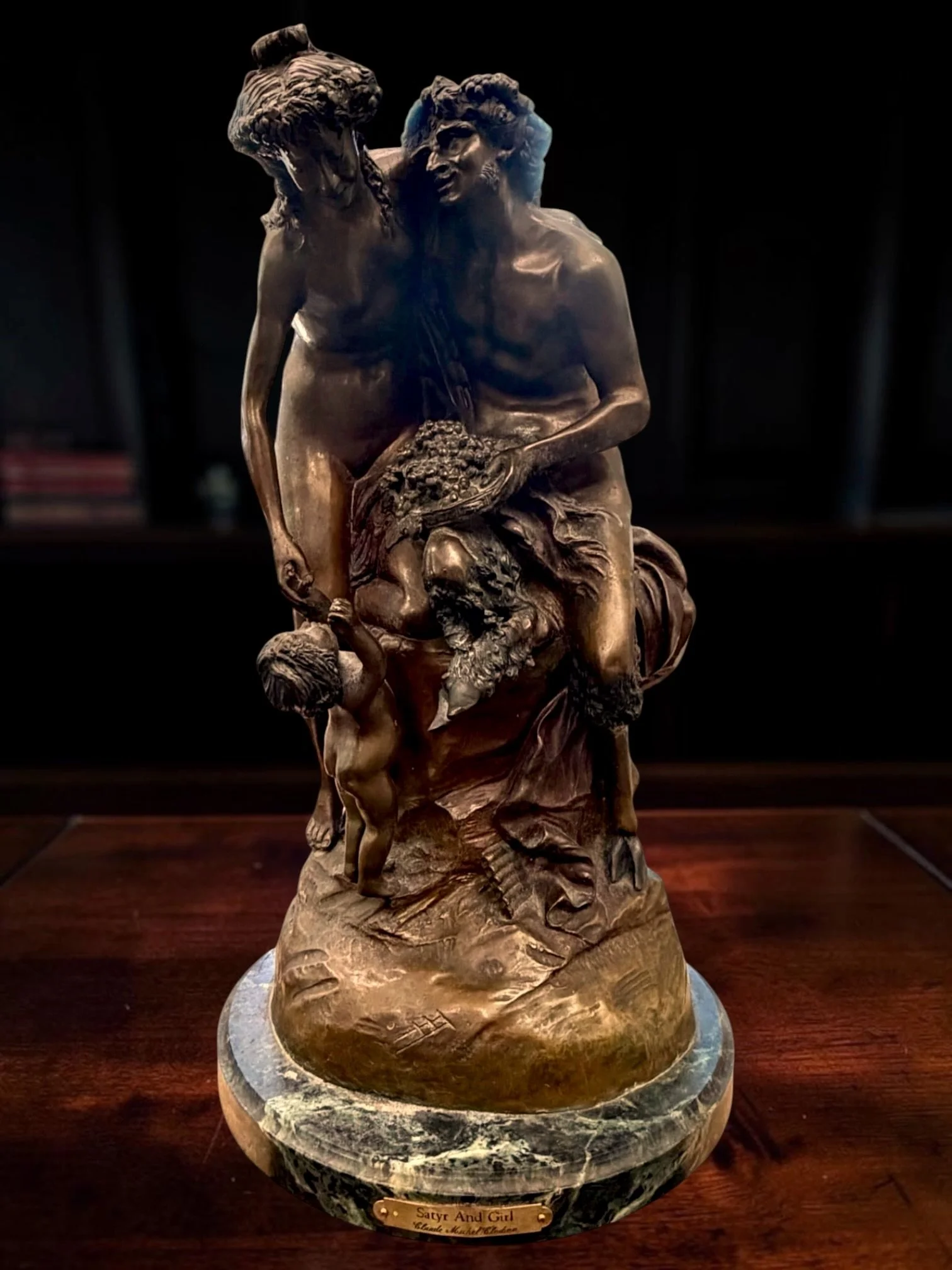 1857 French Bronze Satyr, Bacchante and Putto Group After Clodion on Marble Base
French, Rococo, Neoclassical, Traditional, Grand Tour
1857 French bronze figural group after Claude Michel Clodion (1738–1814), Bacchanalian scene with satyr, classical 