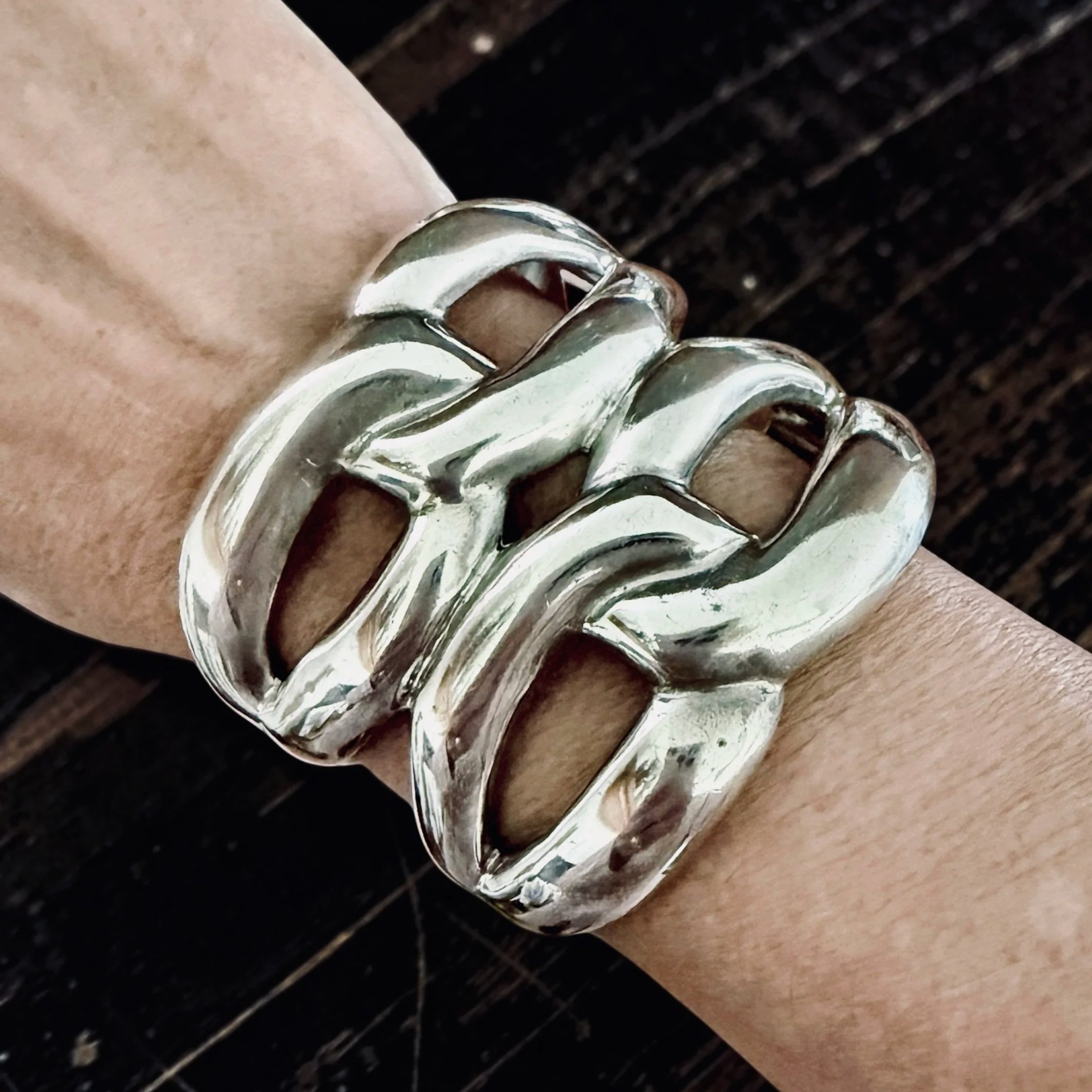 Taxco, Mexico Sculptural Open-Link Cuff,  Post-1979 · Sterling Silver · 76g - $425