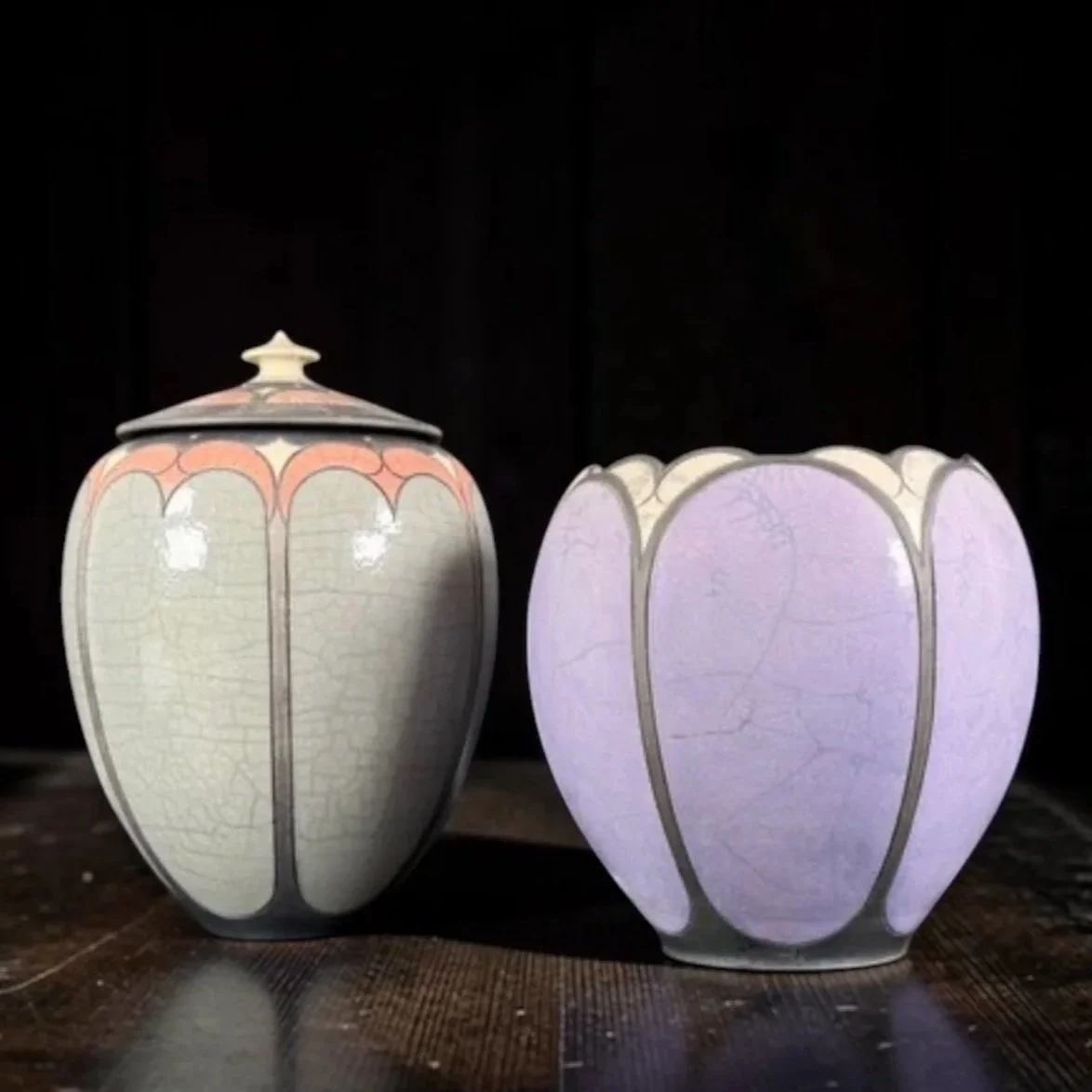 SOLD Pair of Raku Studio Pottery Vessels, 1985, 1989
Andy Smith, Marshville, N.C. 
Wheel-thrown, raku fired ceramic
Comparable vessels by Andy Smith are held in the Smithsonian American Art Museum collection 