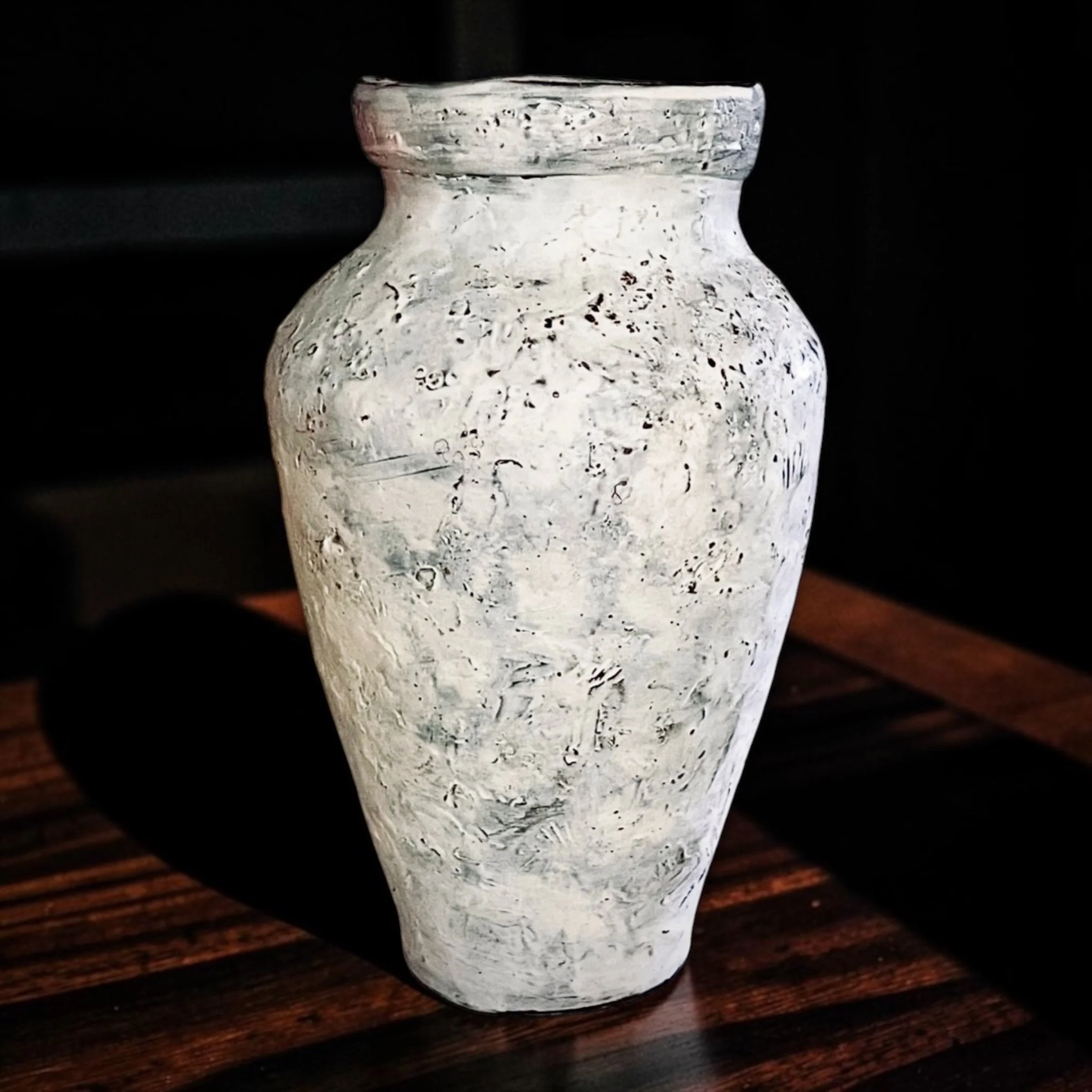Large weathered white textured surface studio vase, organic form
Signed Sol Kitchen Clay, local artist
2023
Stoneware, slip made with natural materials.  13" h. Excellent condition. 