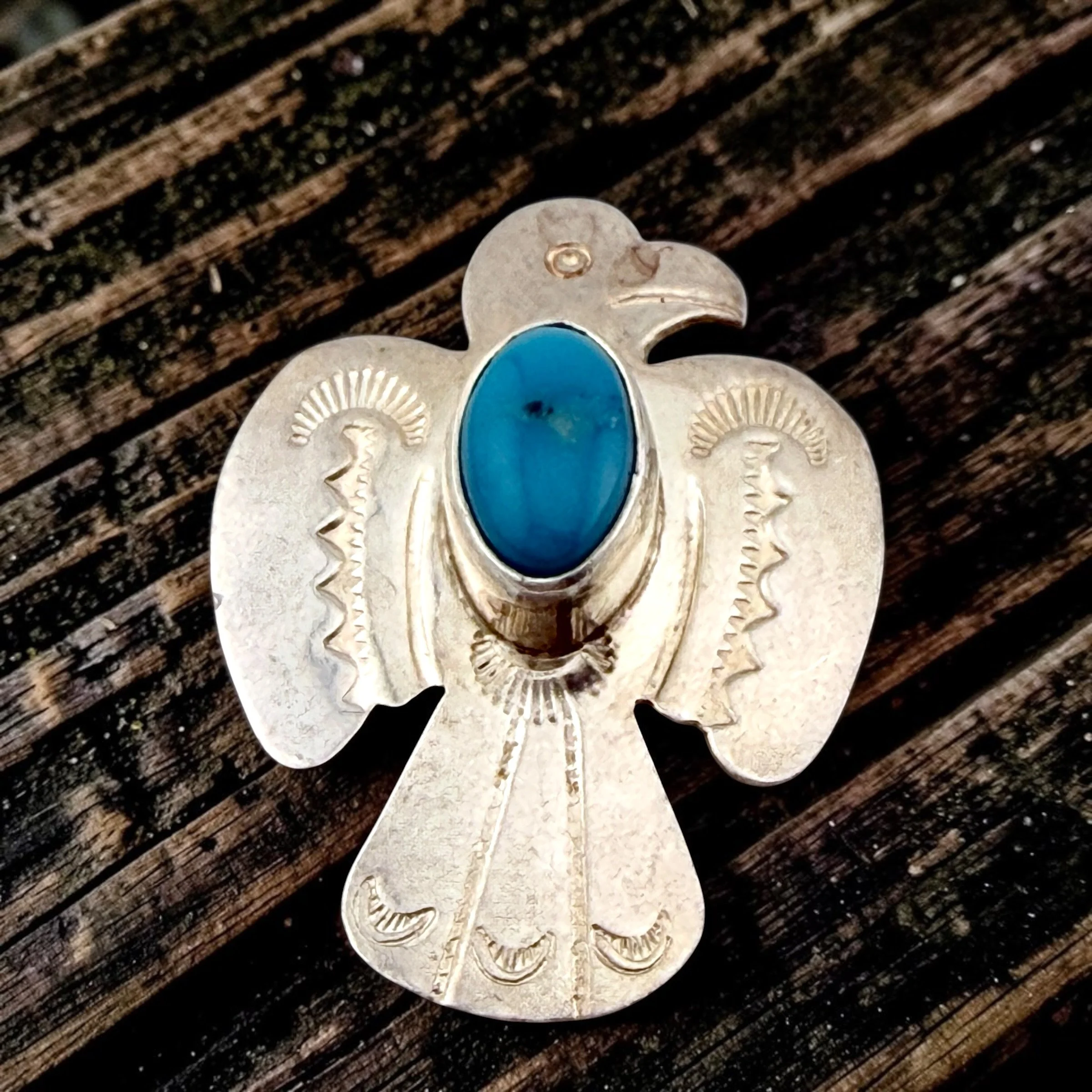 Vintage Navajo Sterling SIlver Thunderbird Pendant/Brooch. Handstamped silverwork, turquoise. Signed RS c. 1960s-70s. 