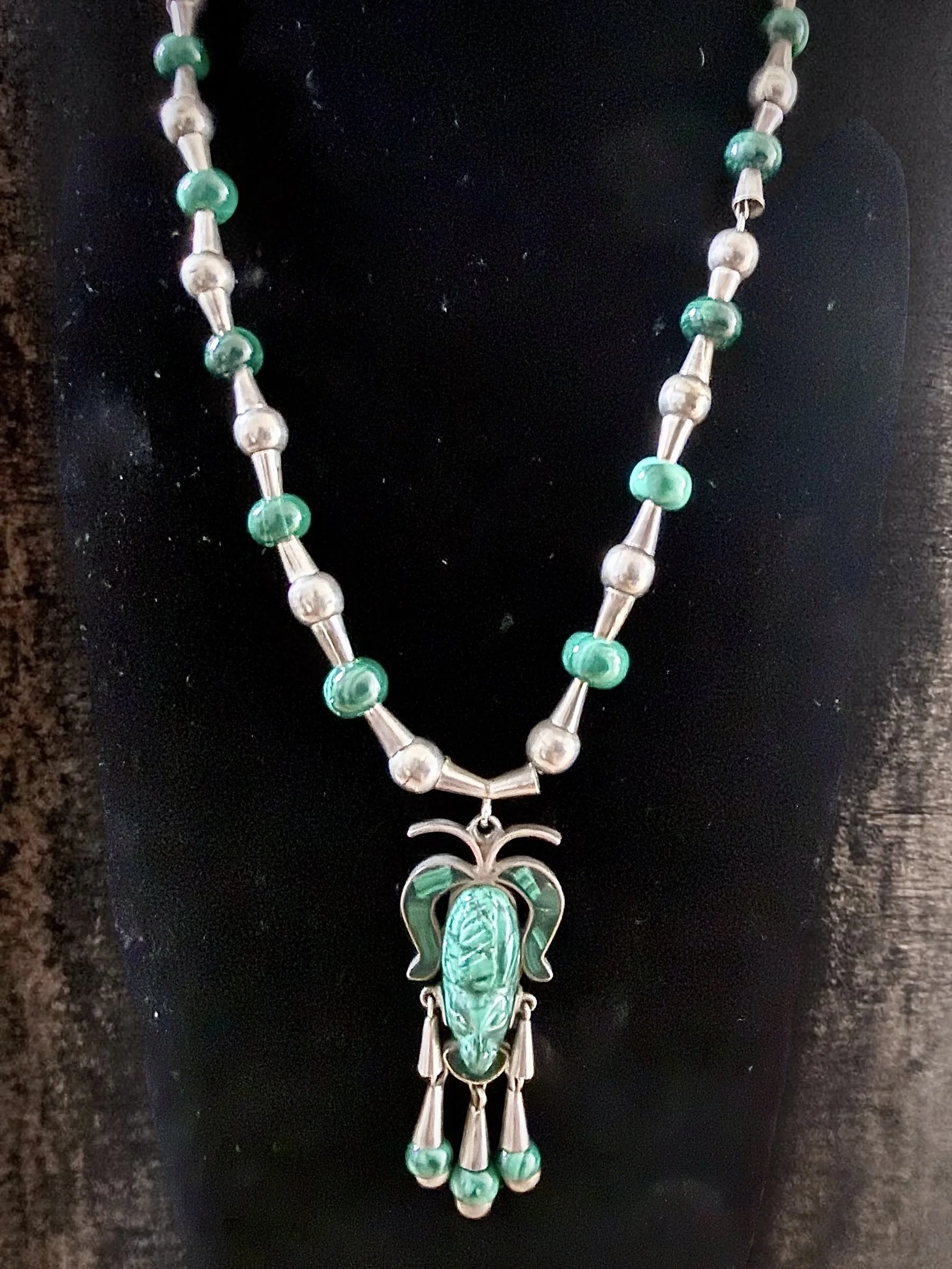 Taxco sterling bead and tube chain malachite mask and bead necklace, c. 1950s-60s - $400