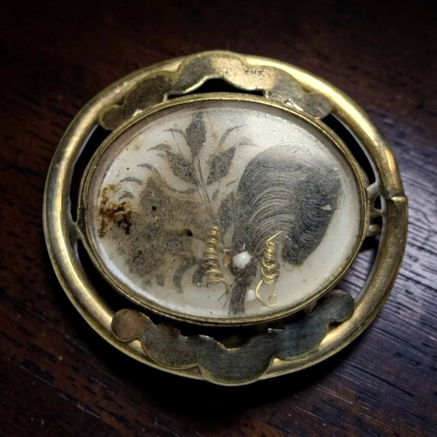 Victorian Gold-Filled Pictorial Hairwork Mourning Brooch, Horse Motif, Seed Pearls
c. 1860-70s