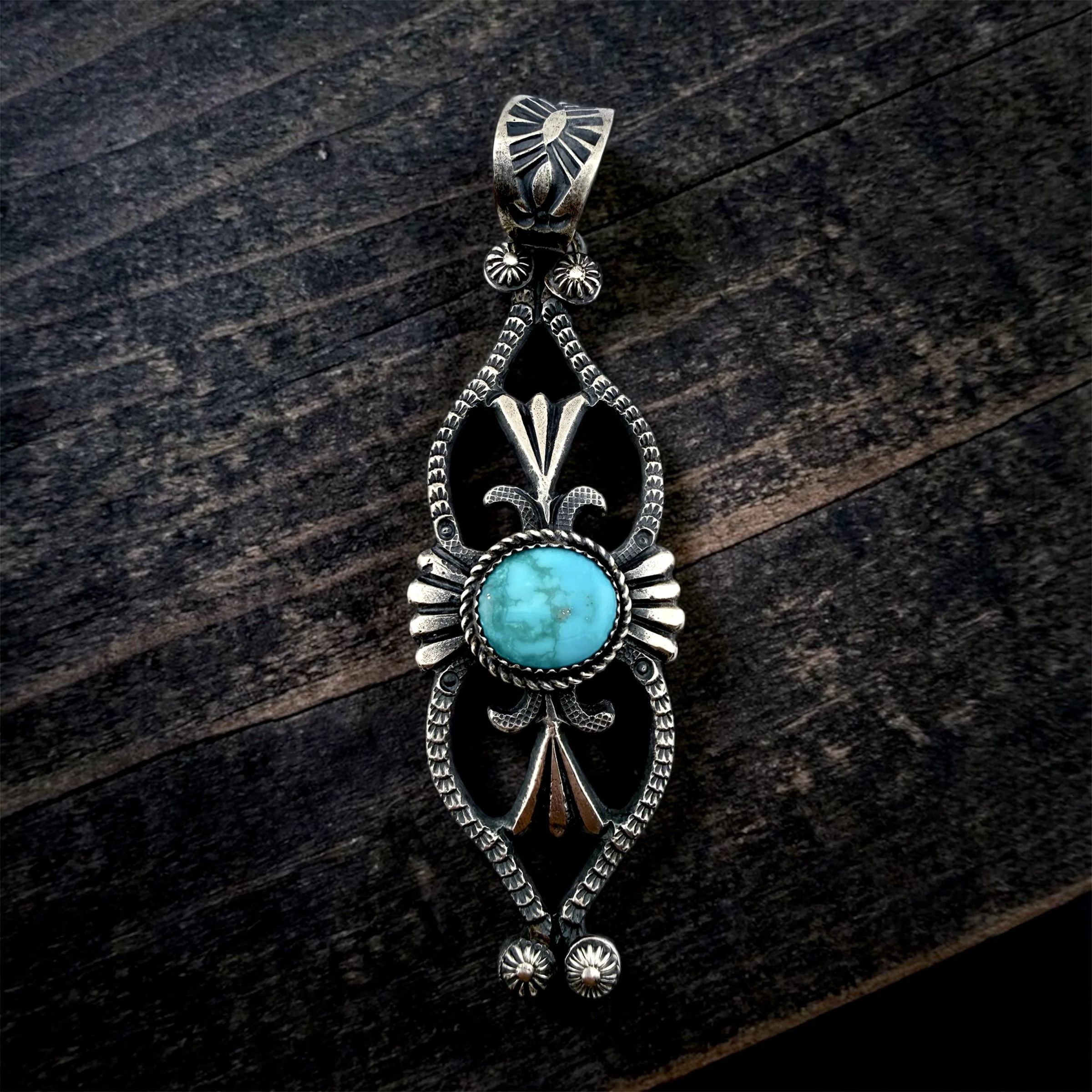 Eva and Lindberg Billah Navajo sandcast Kingman turquoise large pendant, contemporary - $200