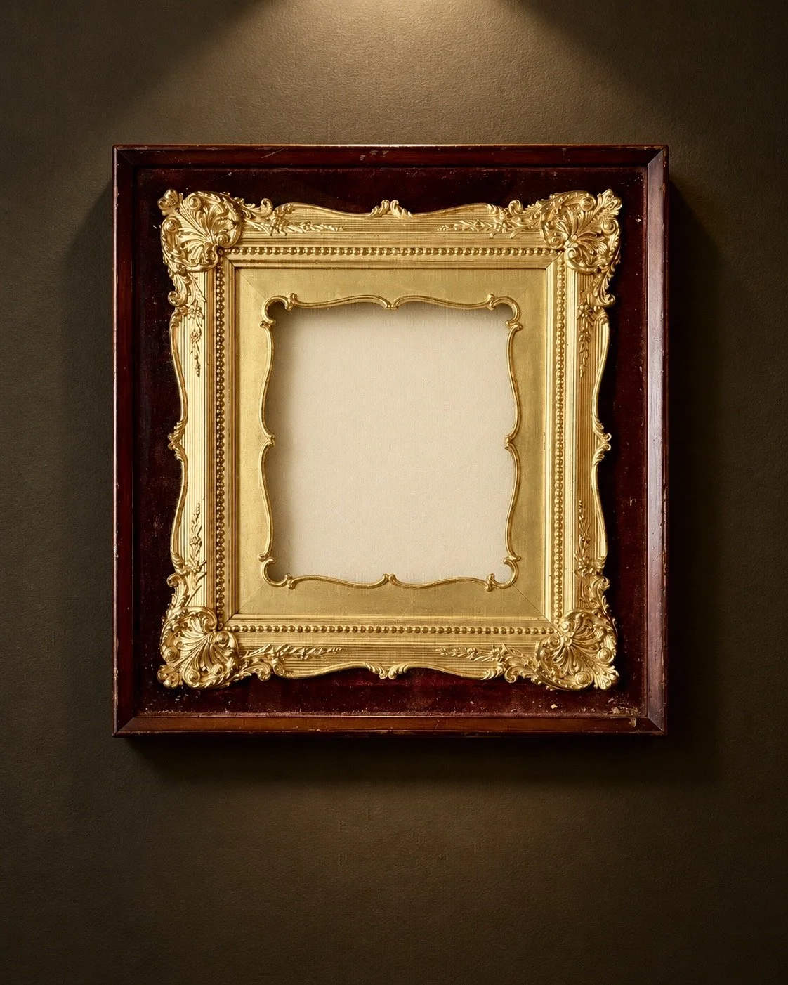 19th-Century Victorian Gilt Gesso Shadow Box Picture Frame
Victorian shadow-box picture frame, late 19th century, ornate Rococo Revival gilt gesso and wood inner frame with scrolling acanthus corners, foliate ornament and beaded inner molding, mounte