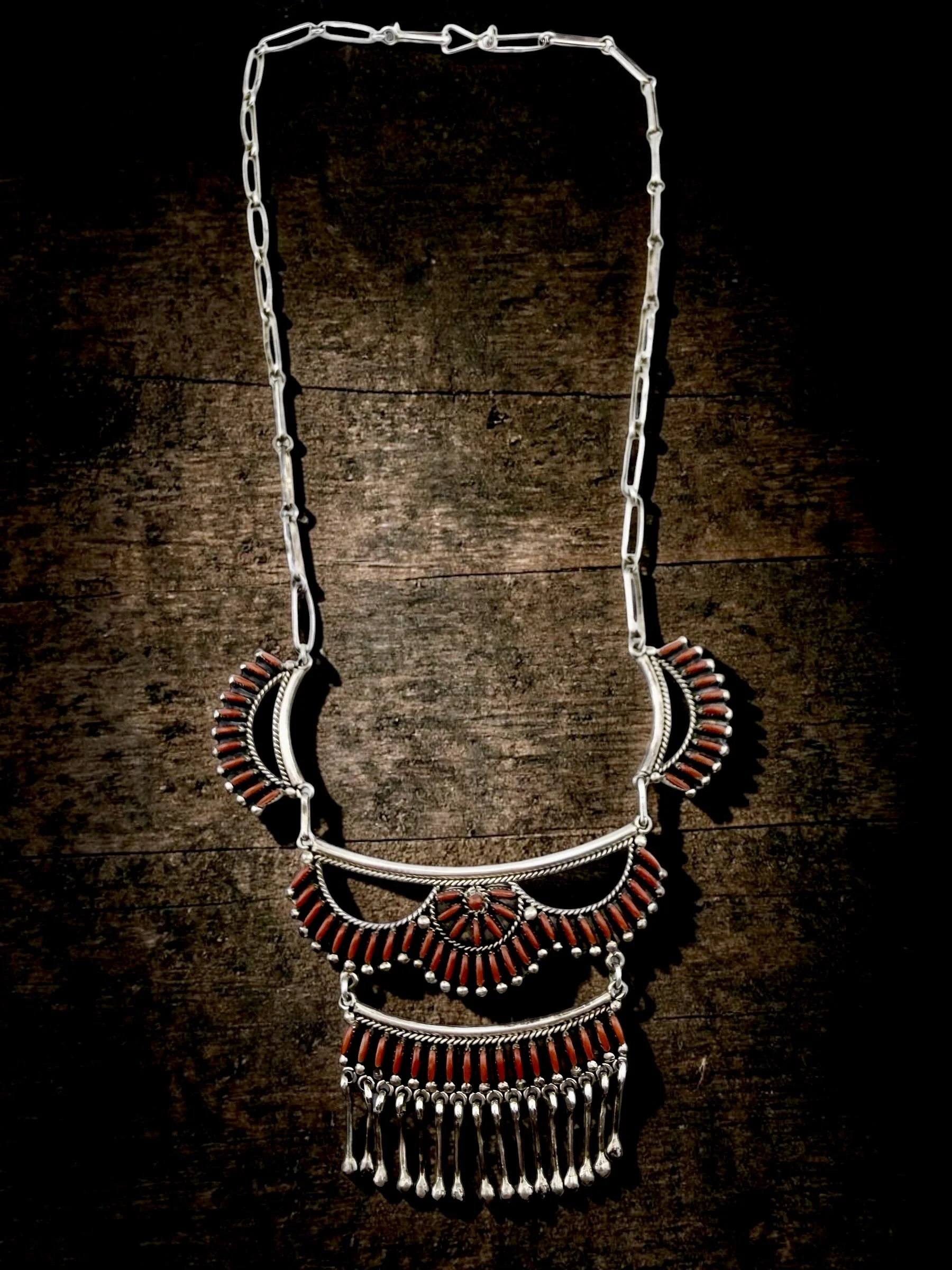 Stewart Nakatewa Zuni red coral sterling needlepoint chandelier necklace - c. 1970s $725