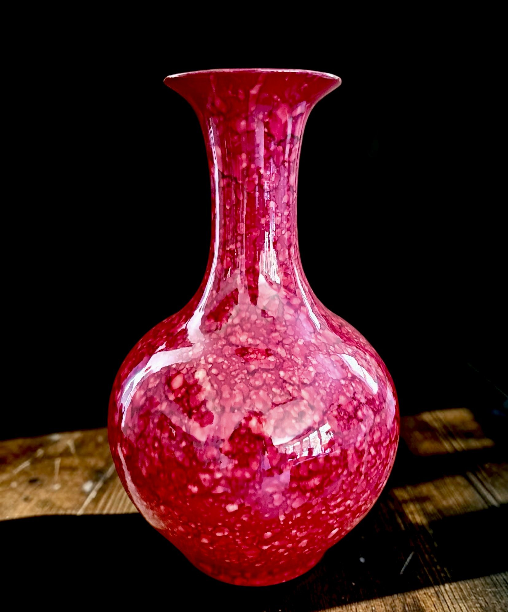 Large Oxblood Jingdezhen Porcelain Garlic Mouth Vase. High glass crimson to cranberry red surface, Chinese mark in underglaze. 20th c. 15"x10"