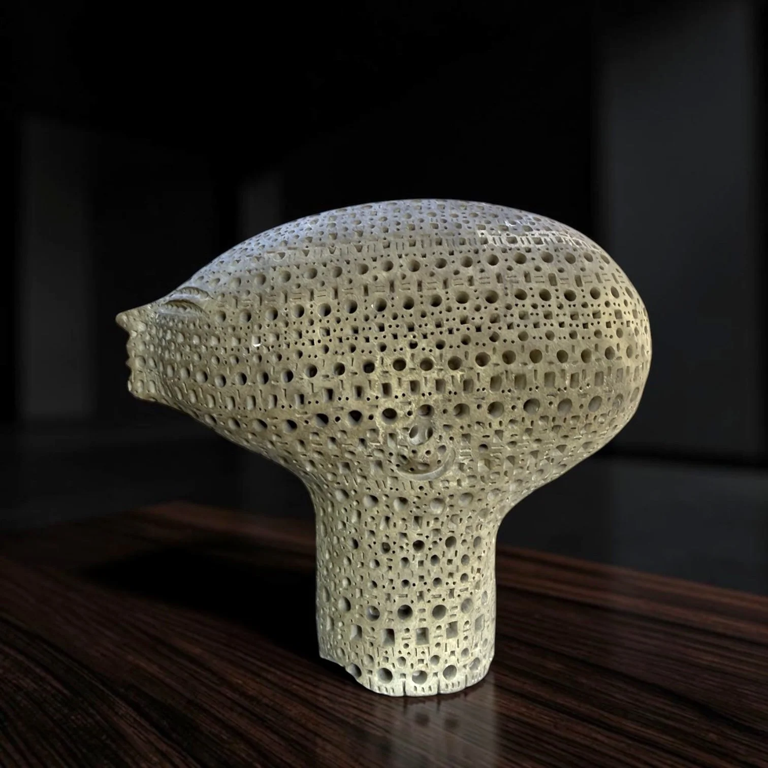 Untitled Pierced Terracotta Head
Alexander Ney (Russian-American, 1939–2023), 1981
Extensively incised and perforated geometric surface, signed and dated to underside approx. 6" H x 3" W x 5" D,
A specialist familiar with Alexander Ney’s work believe