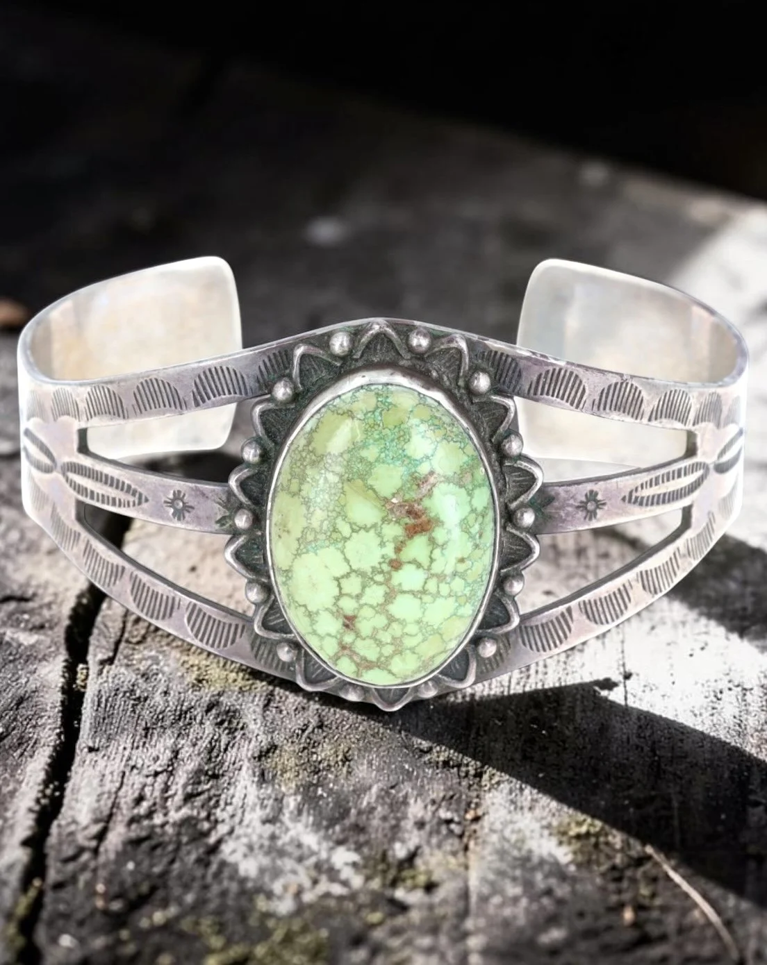 Fred Harfvey Era Sterling Silver Green Turquoise Cuff Bracelet 35.5g Turquoise likely Carico Lake mine. Fits 6" wrist with 1" gap From Richardson's Trading Post collection, $495