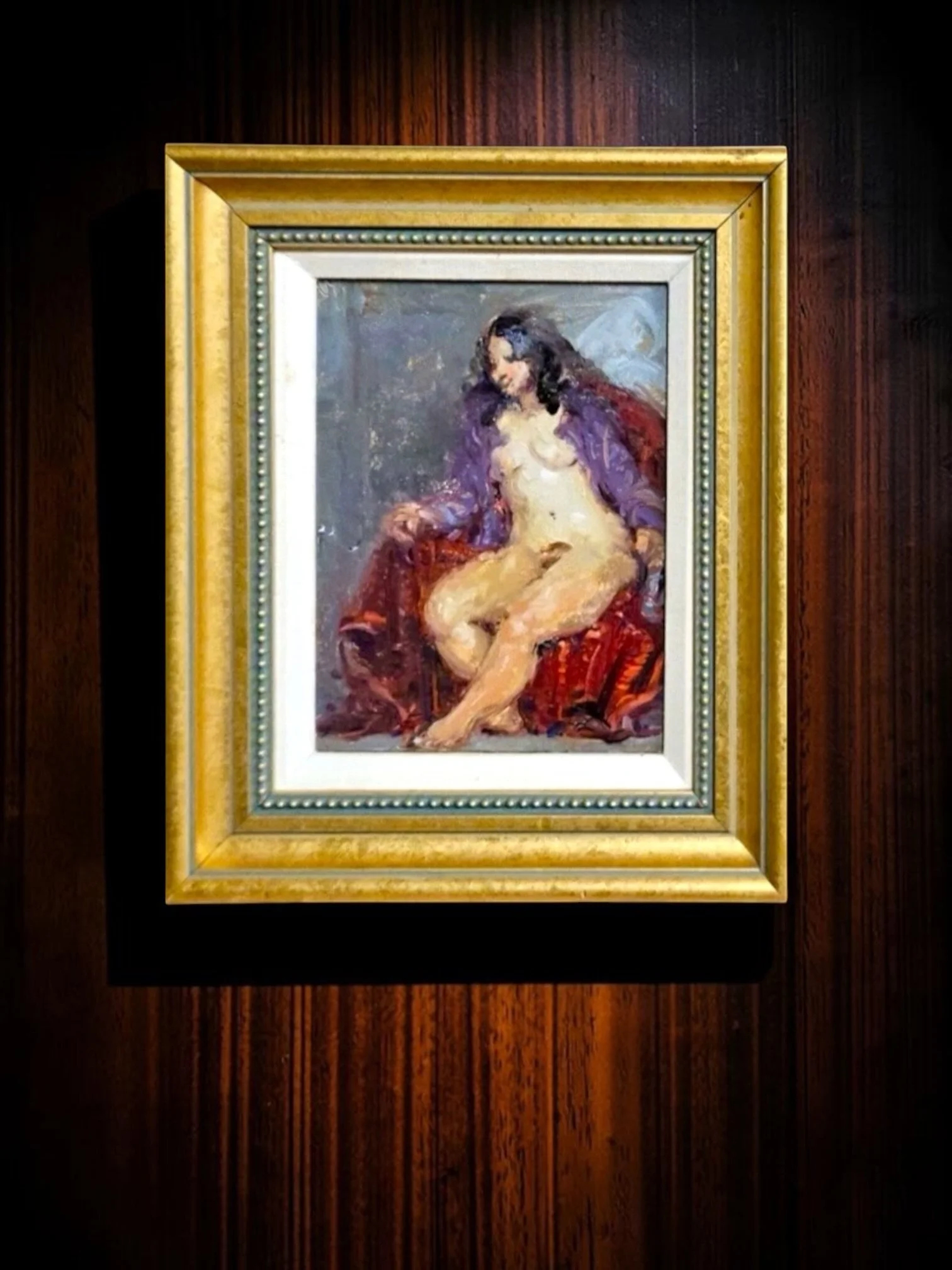 Untitled Seated Nude
Companion work attributed to David Moreschi, unsigned, approximately 6 × 8 in., framed approximately 9.75 × 11.75 in., expressive seated female nude in matching ornate gilt frame.
Contemporary, Figurative, Modern, Expressionist, 