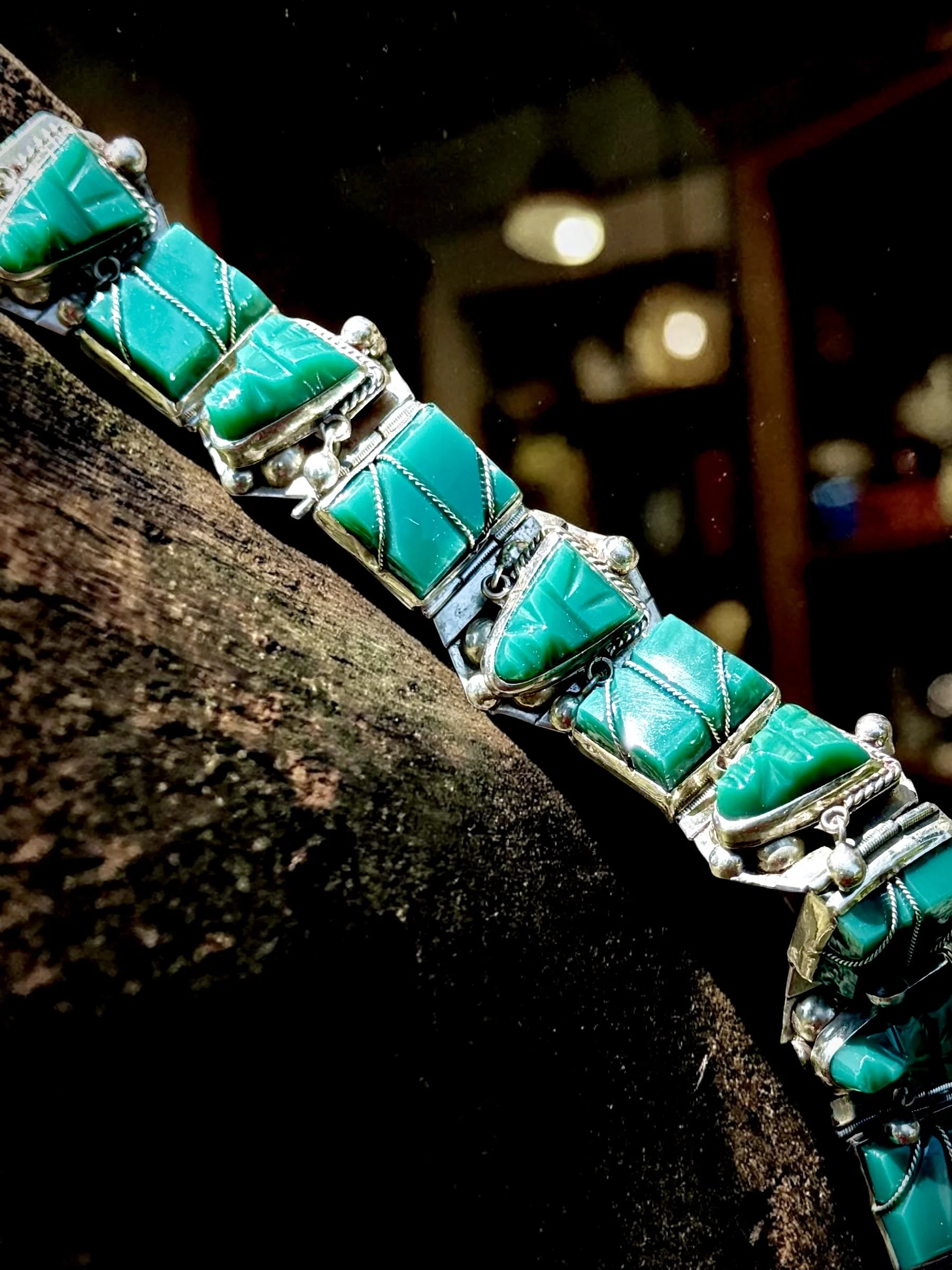 Mexico 925 sterling silver carved green onyx panel link bracelet, c. 1960s-70s - $150