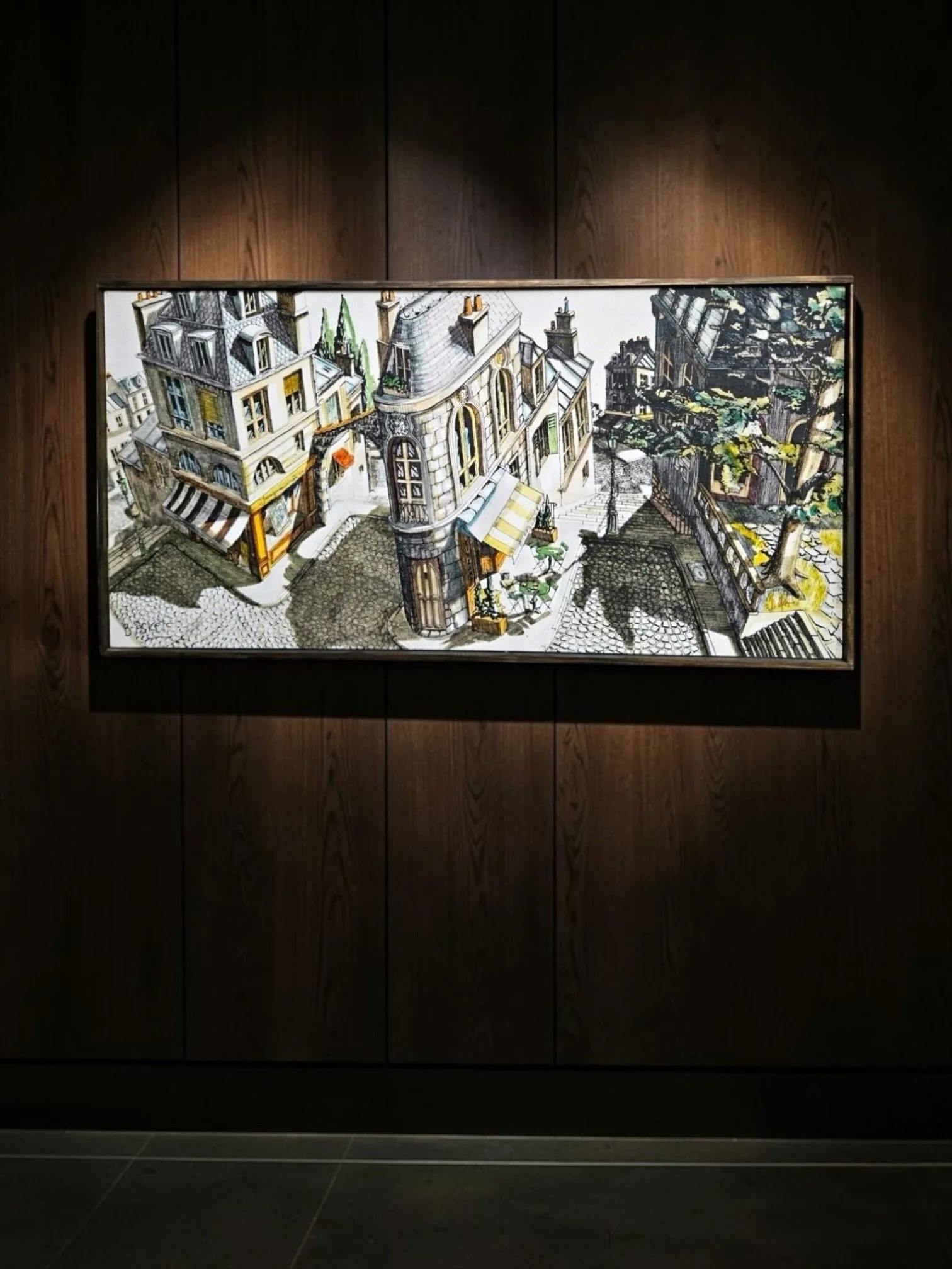 Yves B. Asket French Village Cityscape, Oil on Canvas, 1977
Yves B. Asket, signed and dated 1977, panoramic French street scene viewed from above, detailed architecture, cobbled streets, storefronts, trees and café elements, oil on canvas, canvas app