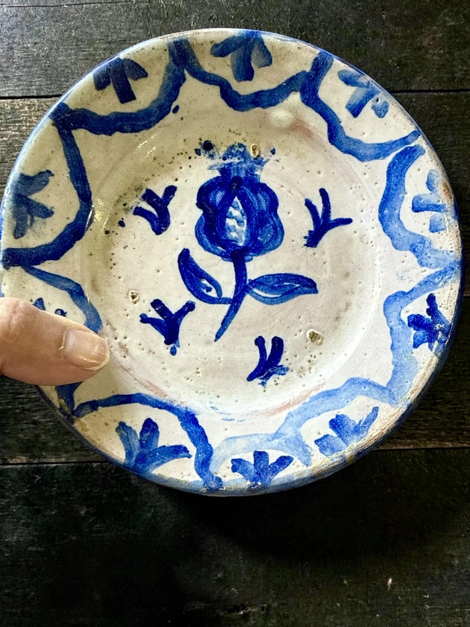Antique Spanish faience plate, hand-painted cobalt tulip, tin glaze, Barcelona provenance, c. 18th–19th century — $150