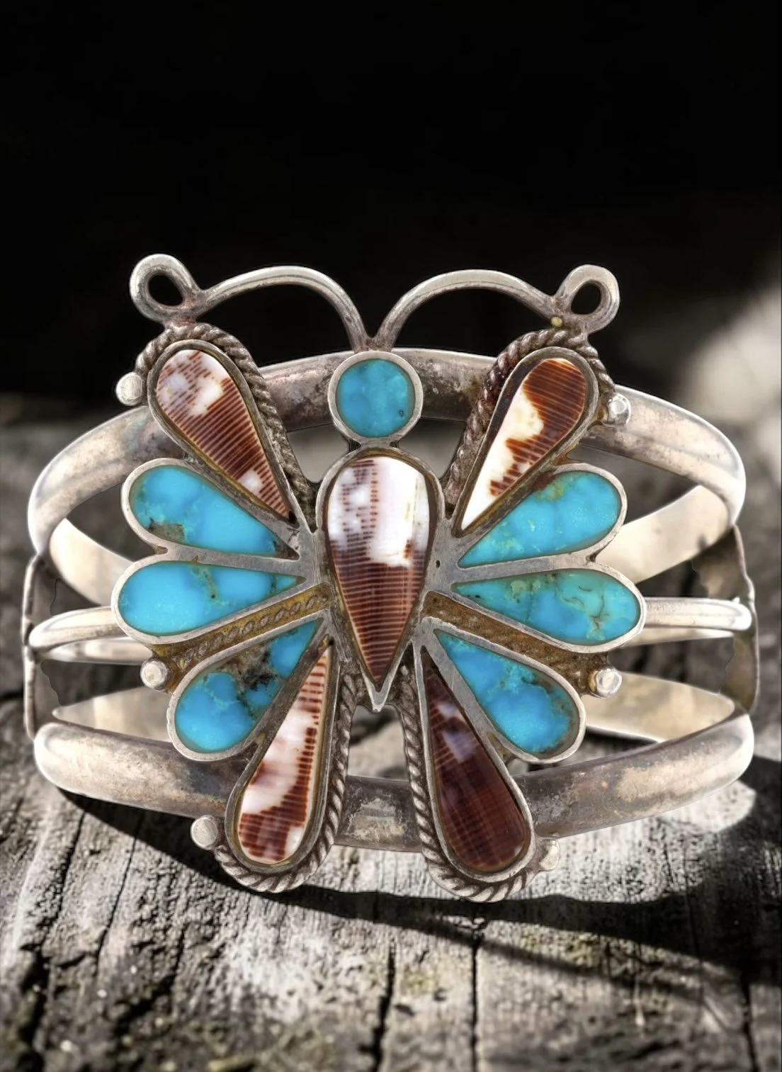 Navajo Unsigned Multi Stone Sterling Silver CUff Bracelet. Natural turquoise, spiny oyster shell. 62g. fits about 6" wrist 1" gap From Richardson's Trading Post collection $595