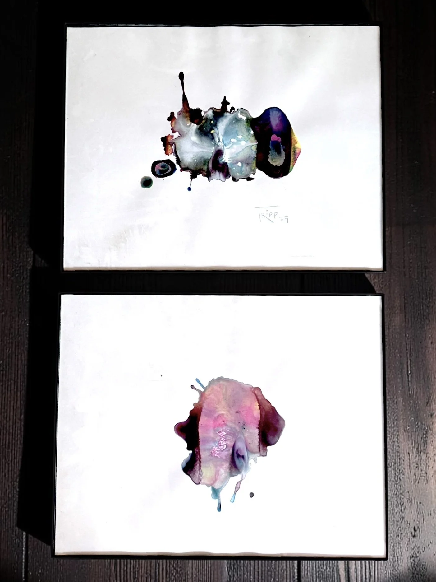 "Evaporation Plus," 2009 
Top: Signed Peter Tripp
Bottom: Attributed to Peter Tripp
Acrylic on paper 11"x14" each
Accompanied by the artist's statement
Note: Can be professionally custom reframed to suit your project, at additional cost.