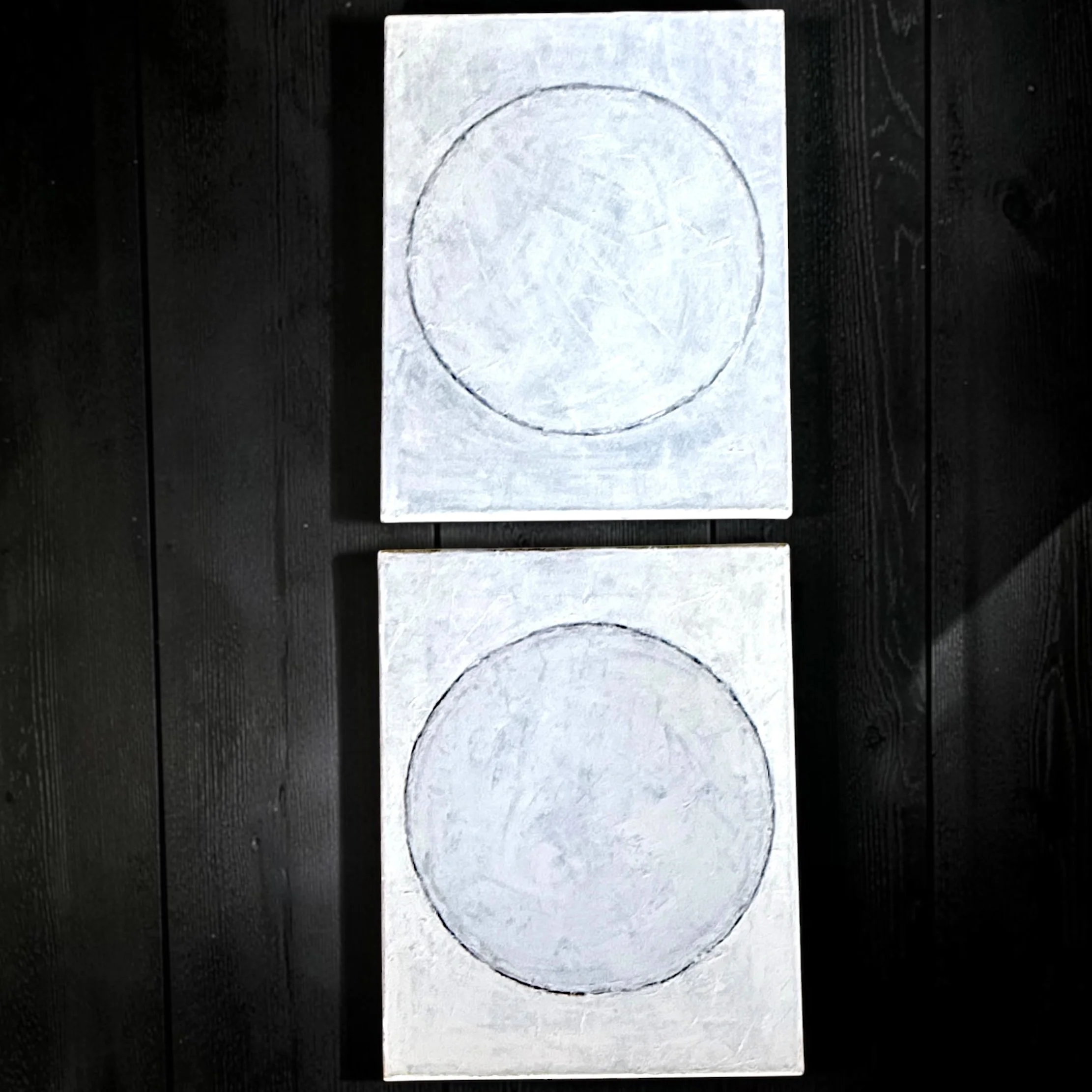 Diane DiMassa Signed Original Oil Paintings
Pair of Minimalist Circles, 
11"x14" each
Artist is best known as the creator or "Hothead Paisan: Homicidal Lesbian Terrorist."