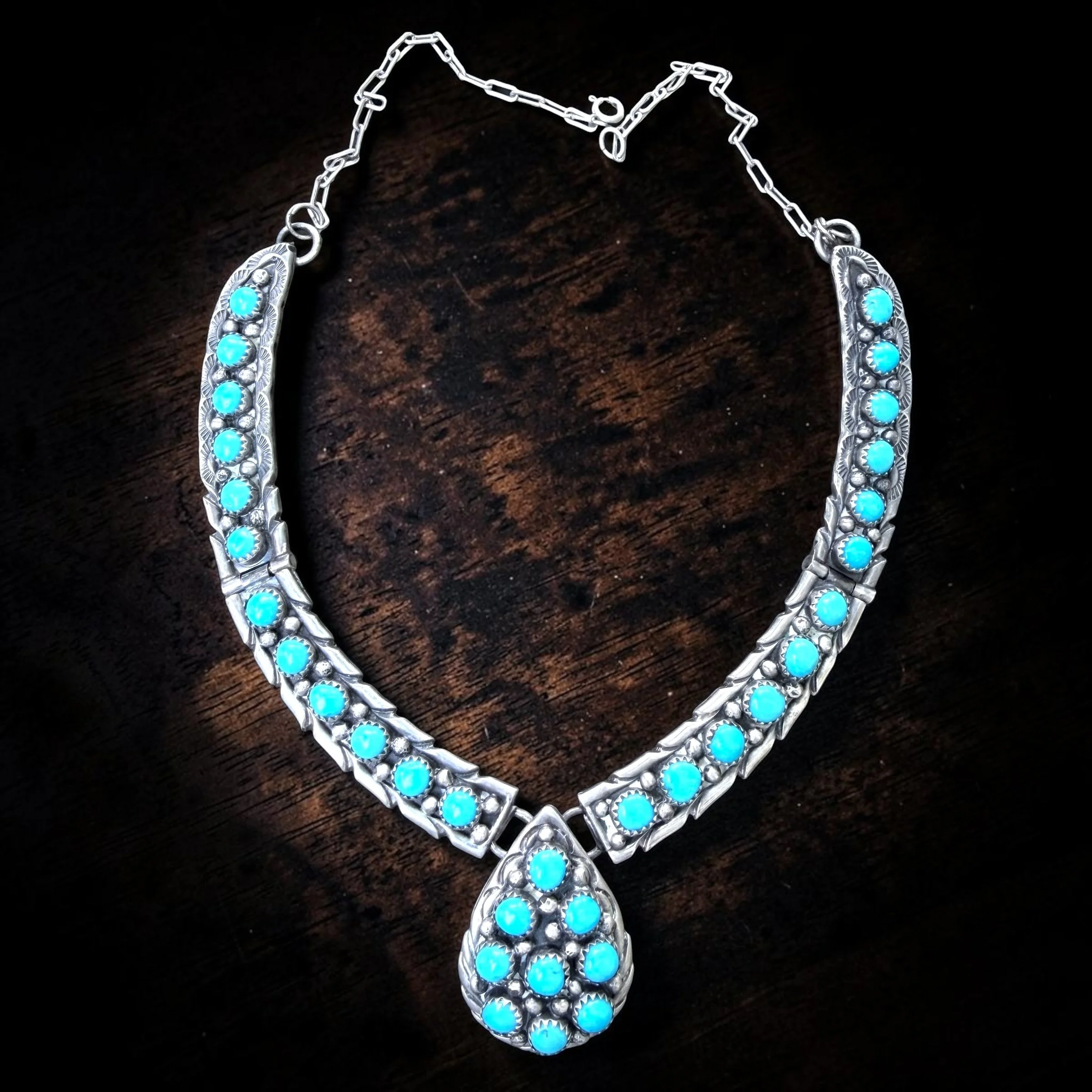 Fred Adaki Sleeping Beauty Hinged Choker Necklace
Navajo, 1970s
Signed FA Sterling