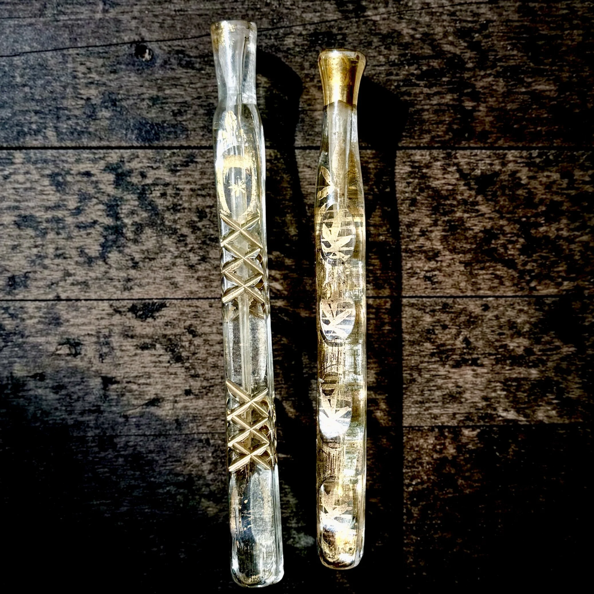 Antique Victorian hand-blown glass tear catchers, pair, wheel cut and engraved with gilt detail, c. 1860s–1880s — $200