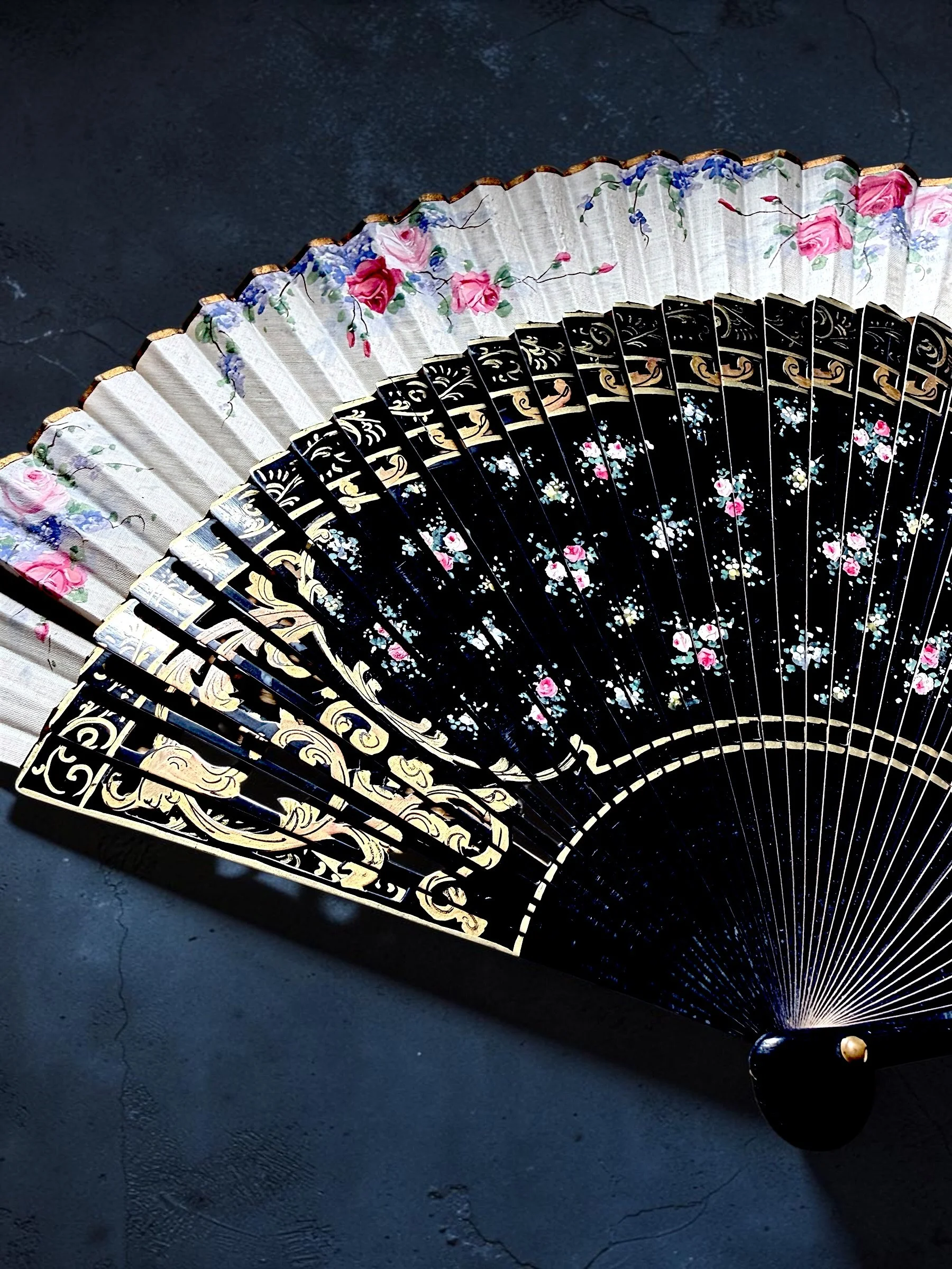 Antique Folding Fan, Black Lacquer & Hand Painted Silk. French or Spanish, c. 1870-1900