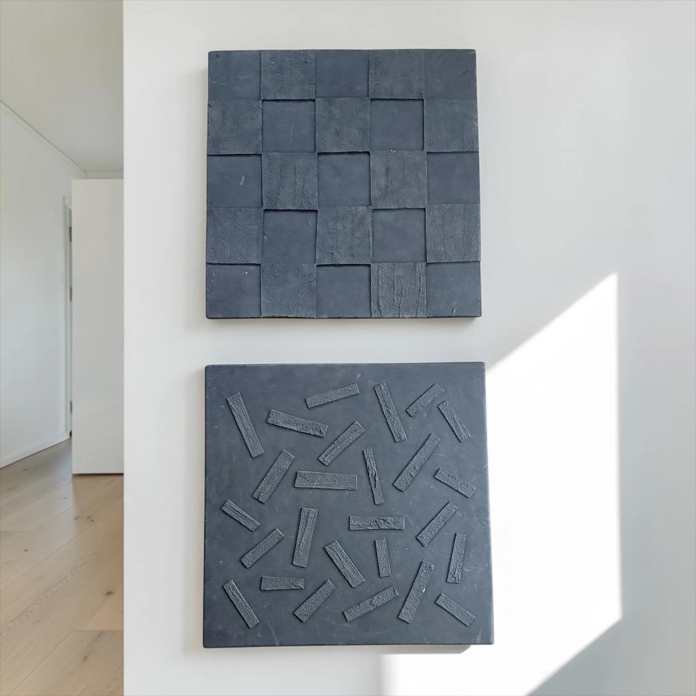 NeIl Devitt Abstract Clay Wall Tiles - Hand-built, Smoke Fired, Ready to Hang, 16.75" square. Interior Use only, as per the artist