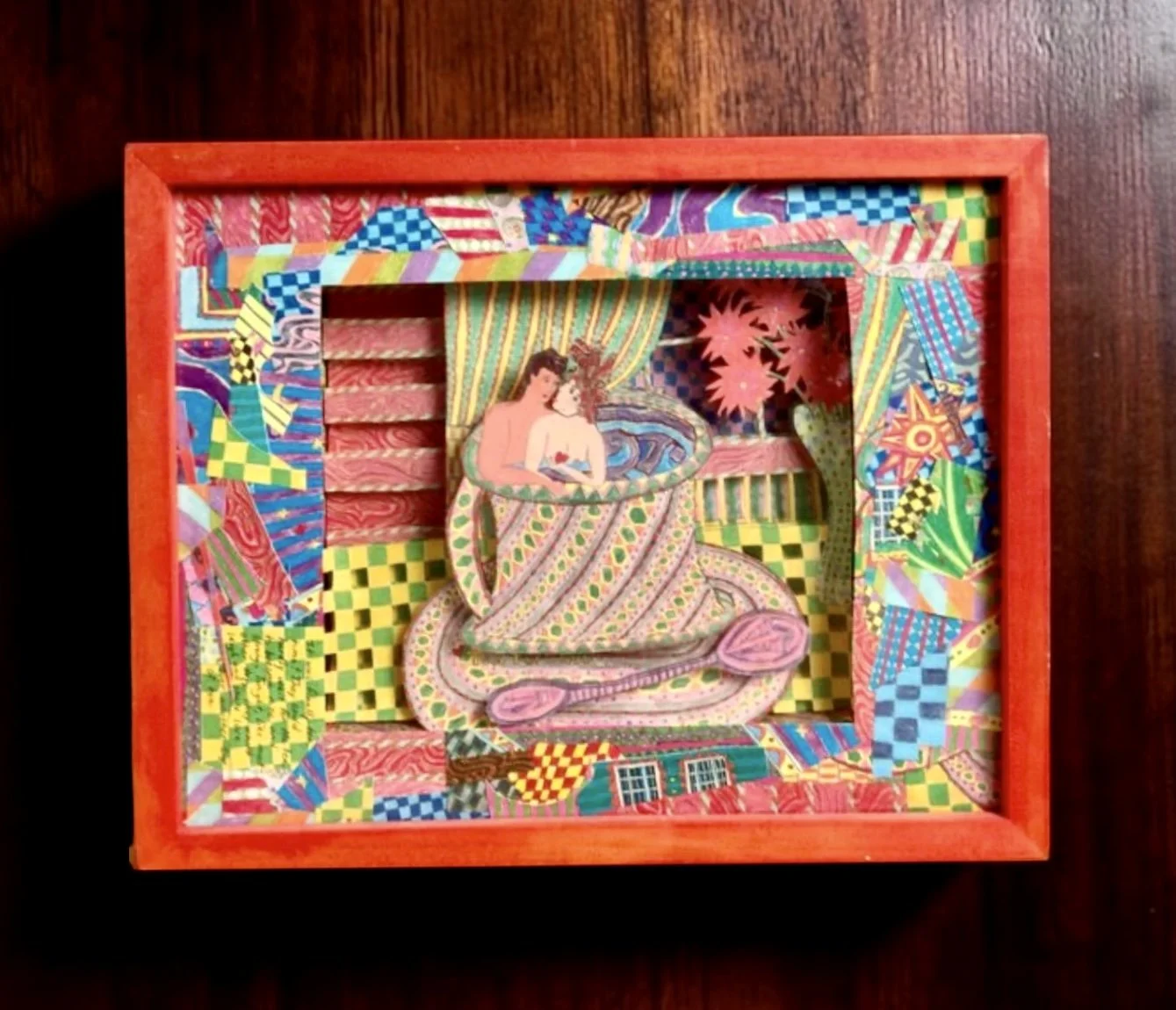 Graham Davidson "Tea for Two"
Pop Art collage/3D optic art. Titled "Tea for Two" with original poem on reverse. 
Framed, 12" x 15".