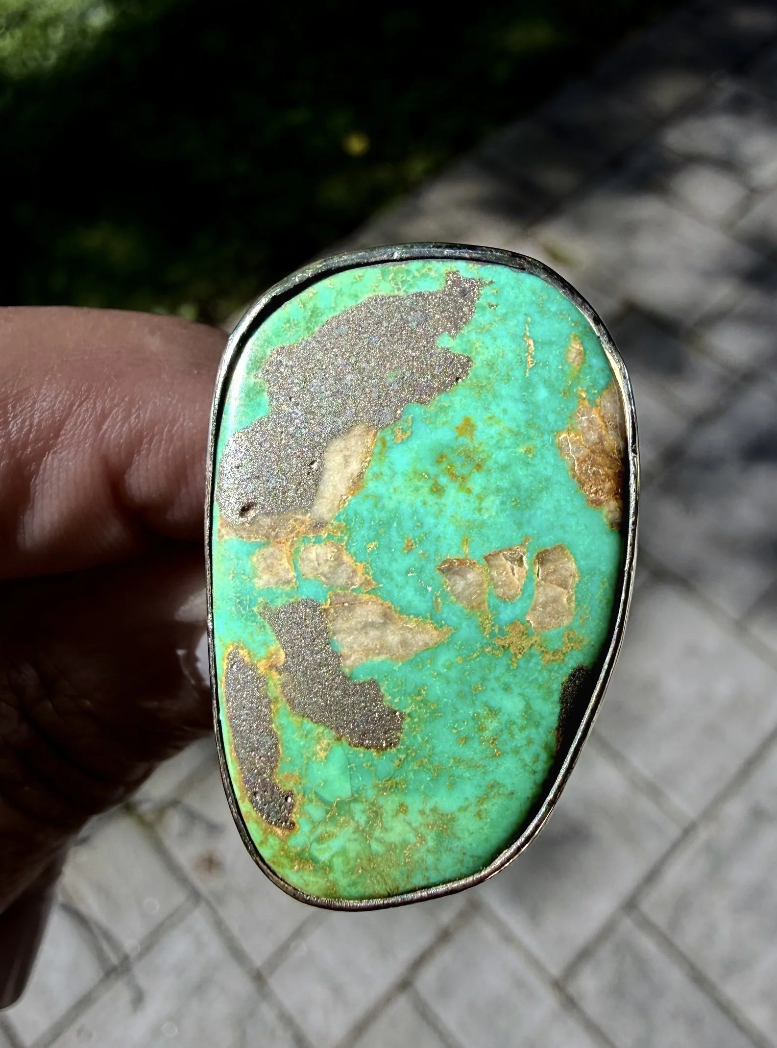 Vintage Southwestern likely Navajo unsigned large ring. Sonoran Gold Turquoise, sterling silver. c. 1960s-70s - $245