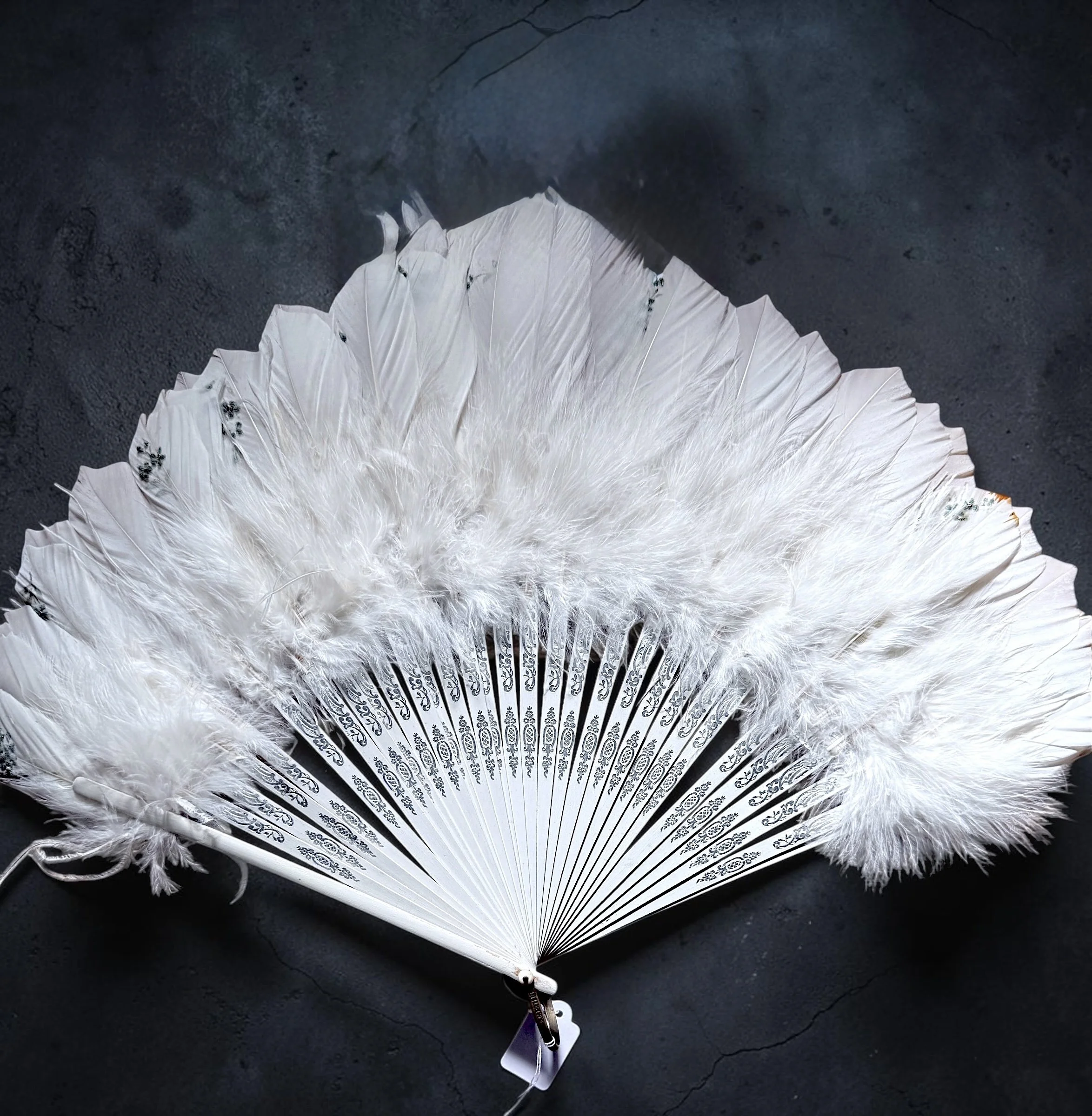 Antique White Feather Fan, Ivory Lacquered Sticks (likely celluloid). c. 1890-1920