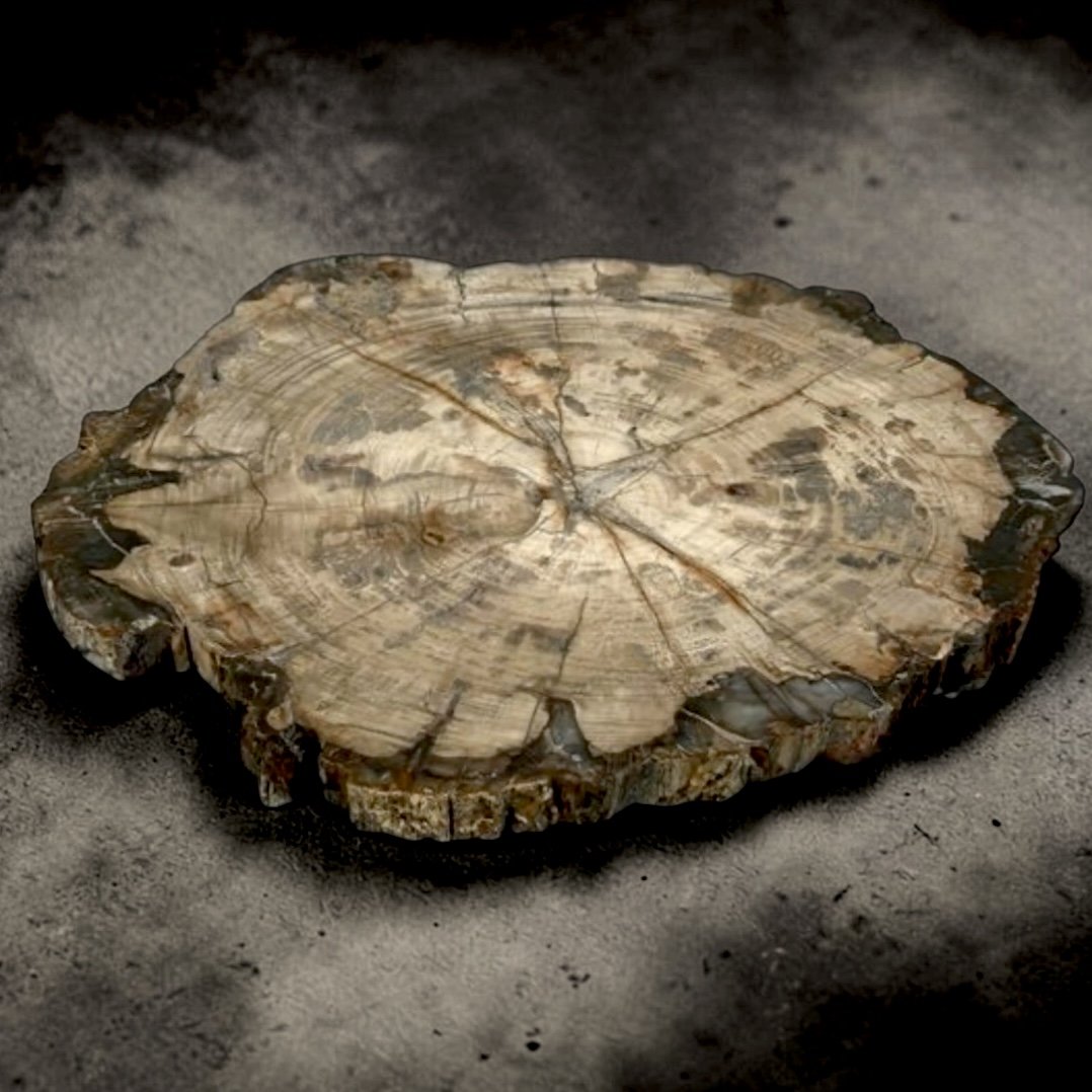 Ancient Monumental Petrified Wood Cross Section
Fully agatized, preserved natural bark edge
Approximately 19" diameter x 1" thick