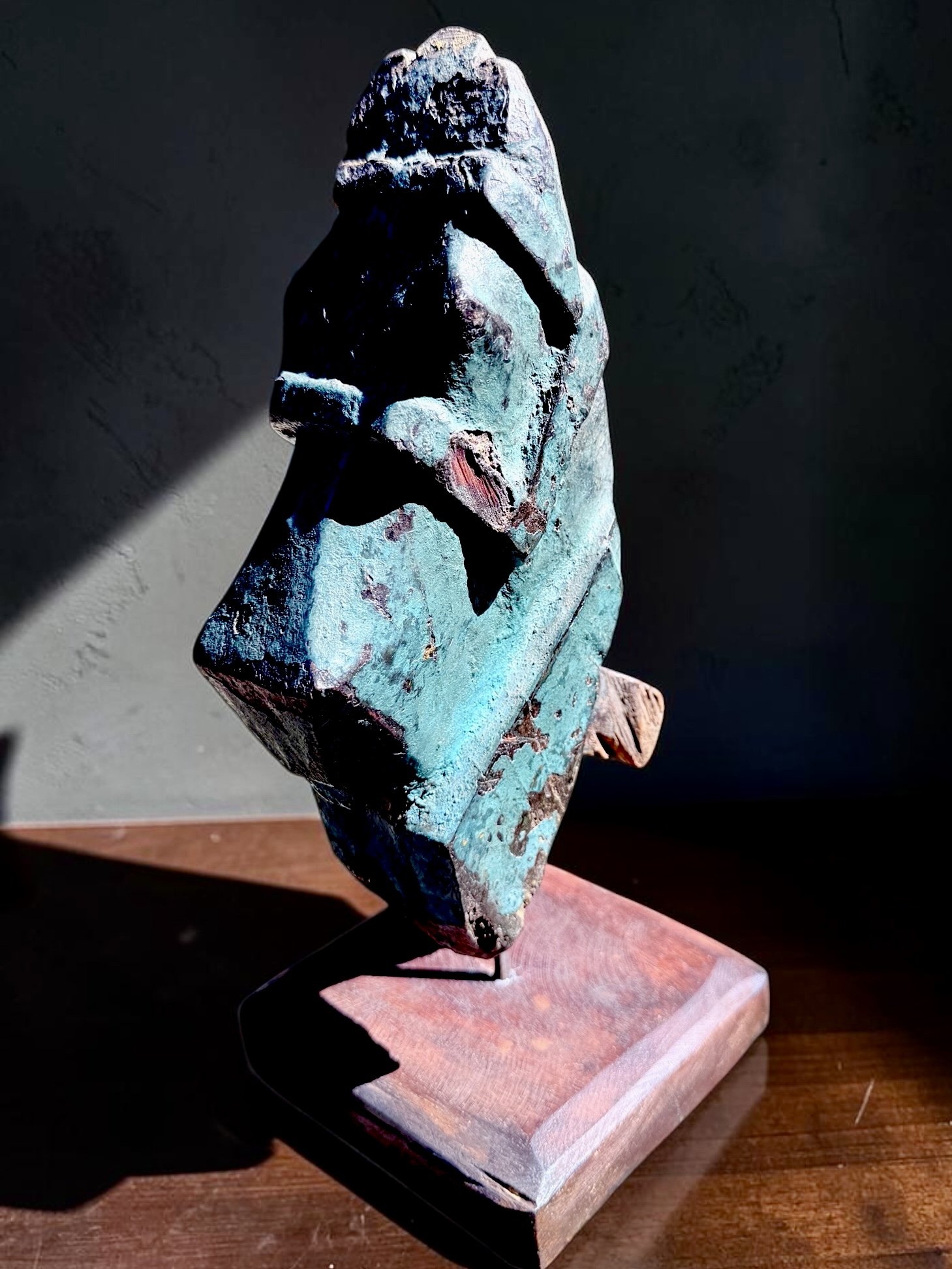 Carved Indian Architectural Salvage Horse, No. 3 of 3. Hand-carved and painted wood fragment mounted on a custom stand. Early 20th century, c. 1900–1930. Approx. 12" h × 5" w × 5" d. Age-related paint loss, wear, cracks and irregularities.