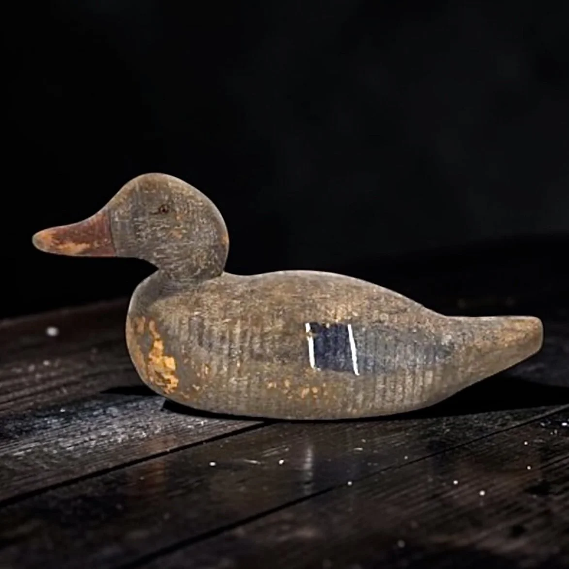 Antique Hand-carved Duck Hunting Decoy
Wood, metal tie line underneath
Stamped "D.H.P." 
16" x 5.5" x 7"
Wear from age and field usage
