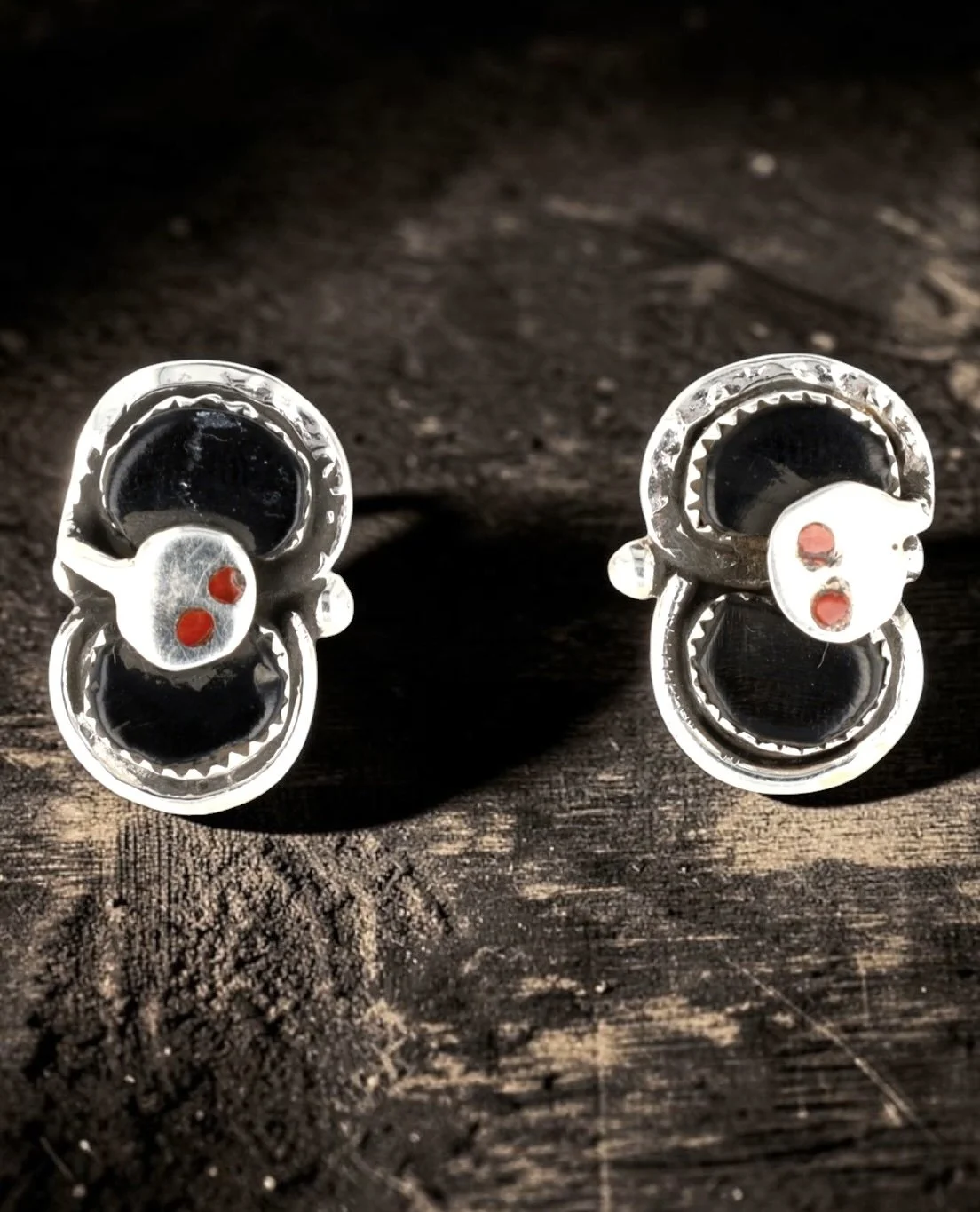 Effie Calavaza Zuni signed Double Snake Stud Earrings. Jet, Coral. 5.5g Classic coiled snake form From Richardson's Trading Post collection $165