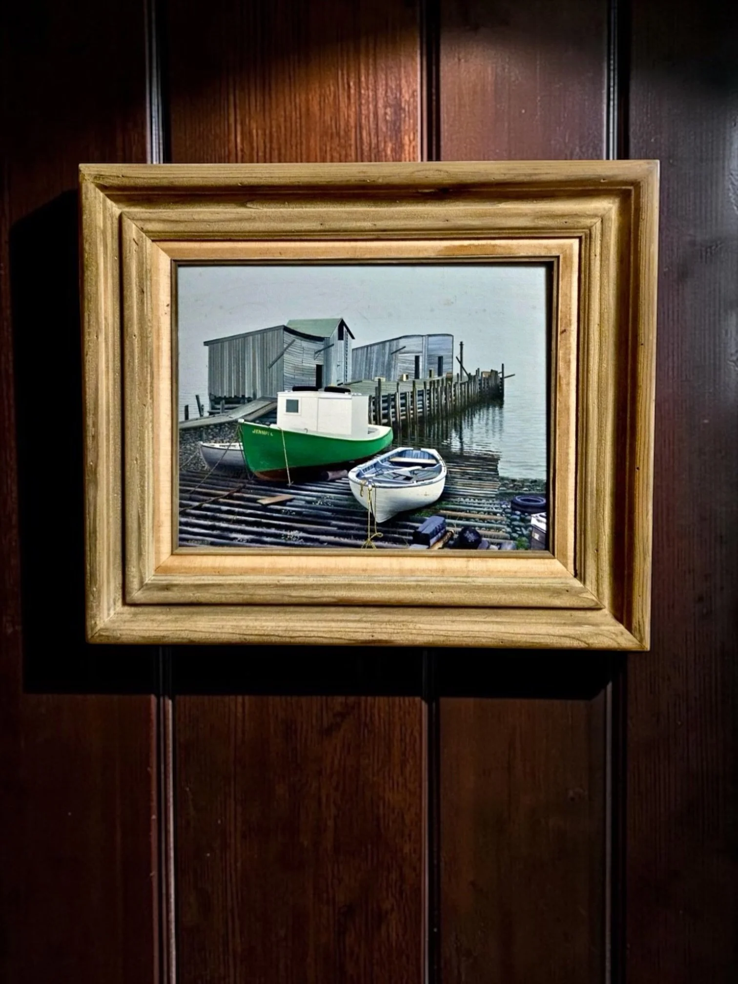 Frederick L. Schmidt American Realist Harbor Oil Painting, c. 1980
Frederick L. Schmidt, American, harbor scene with green workboat “Jenny L,” white rowboat, docks and weathered waterfront buildings, oil on board, artwork approximately 14 × 18 in., f