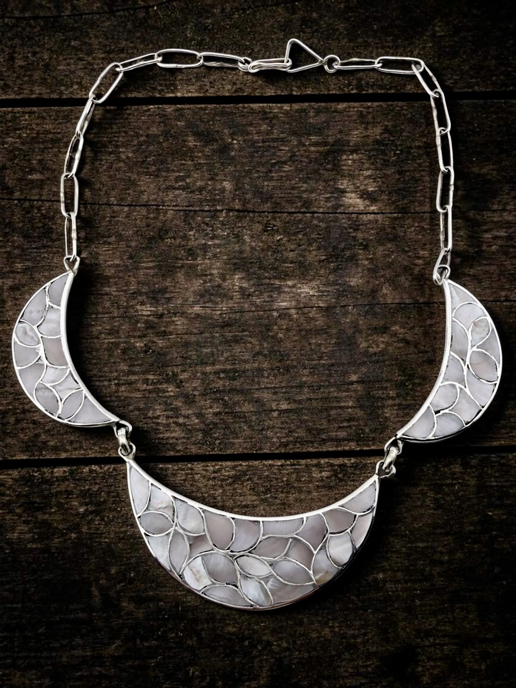 Zuni fish scale Mother of Pearl panel necklace. Matching screw back earrings available, 1970s Parure $625