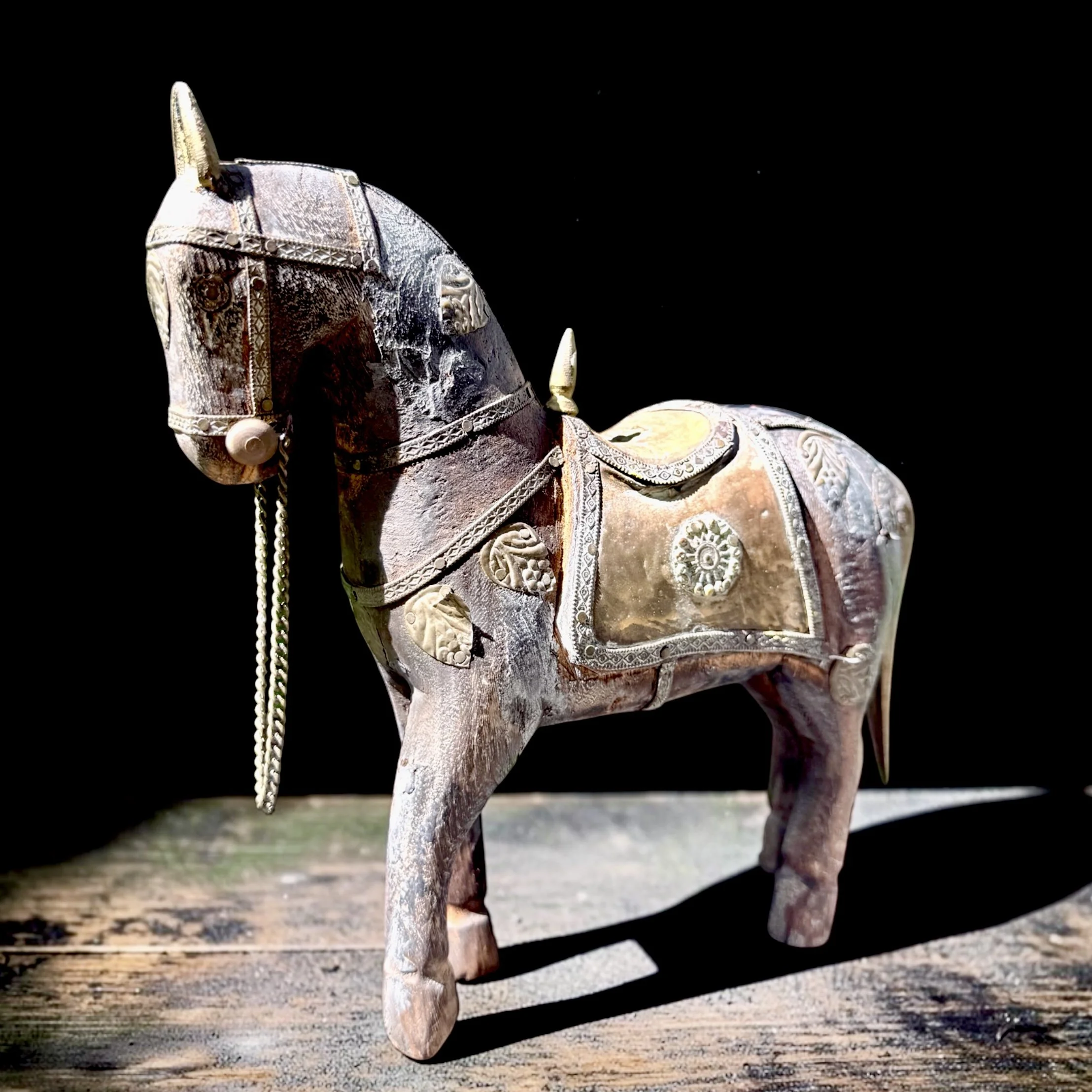 Carved Marwari horse, Rajasthan, India. Hand-carved wood with repousse fittings, braided chain bridle. Mid-20th century -- $265