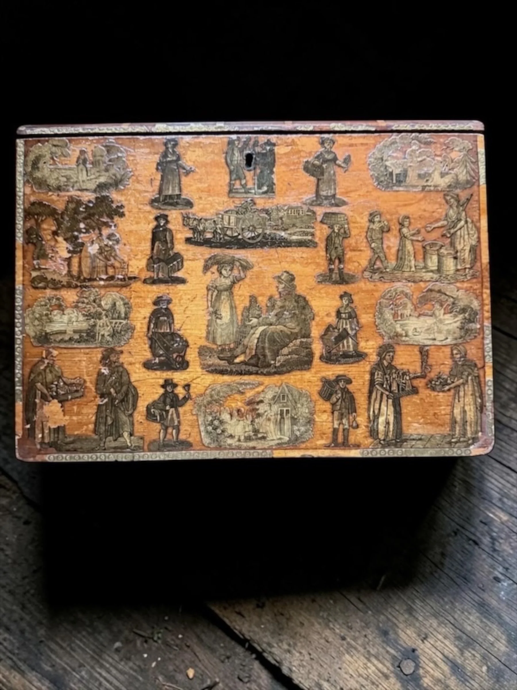 Victorian Decoupage Letter Box, Parlour Craft, c. 1830-1850 Fruitwood, 5 interior sections. "Cries of London" woodcut figures, bear baiter at keyhole. Good condition for its age. $385
