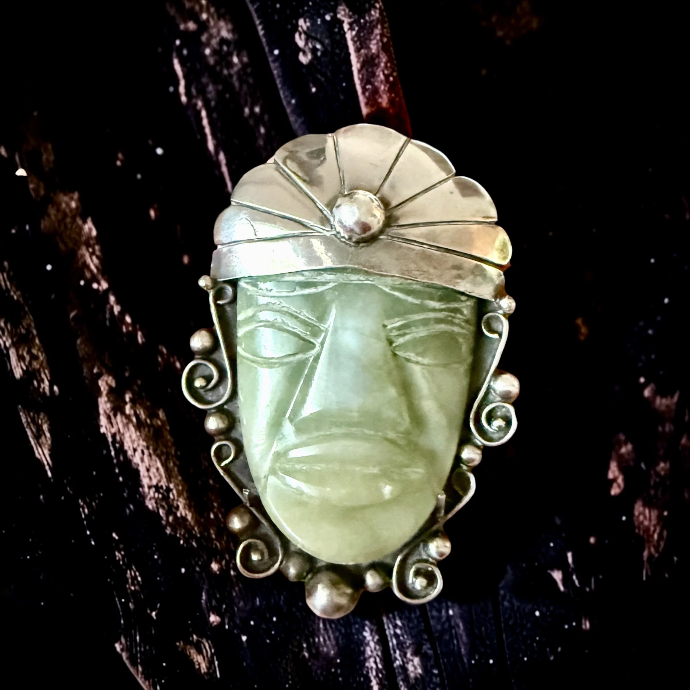Vintage Carved Serpentine Pre-Columbian Tradition Mask Brooch, Sterline SIlver, Taxco Modernist, Marked "Sterling Mexico," c. 1940s-60s. 