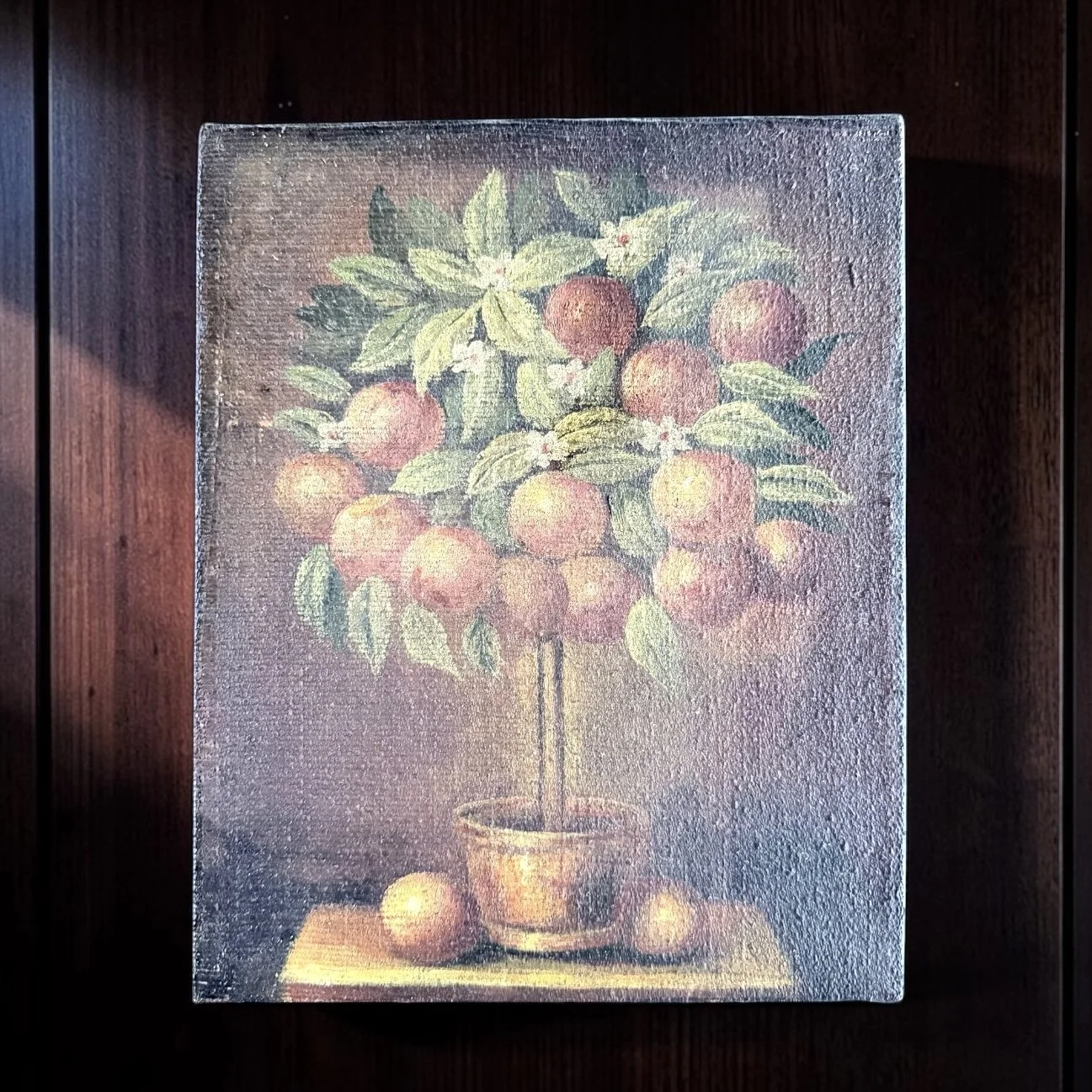 Antique oil on canvas depicting L'Oranger, circa 1900 based on construction and materials, Unsigned, Acquired in Paris. 10" x 8"