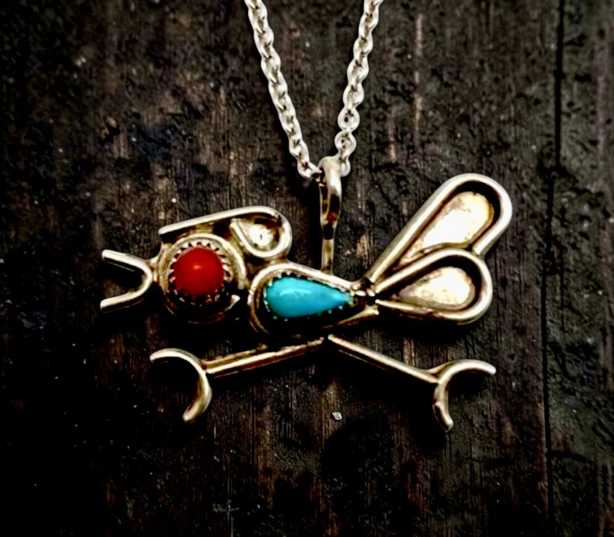 Vintage small sterling silver roadrunner pendant. Turquoise, red coral. 1.5" pendant, 17" chain. $85