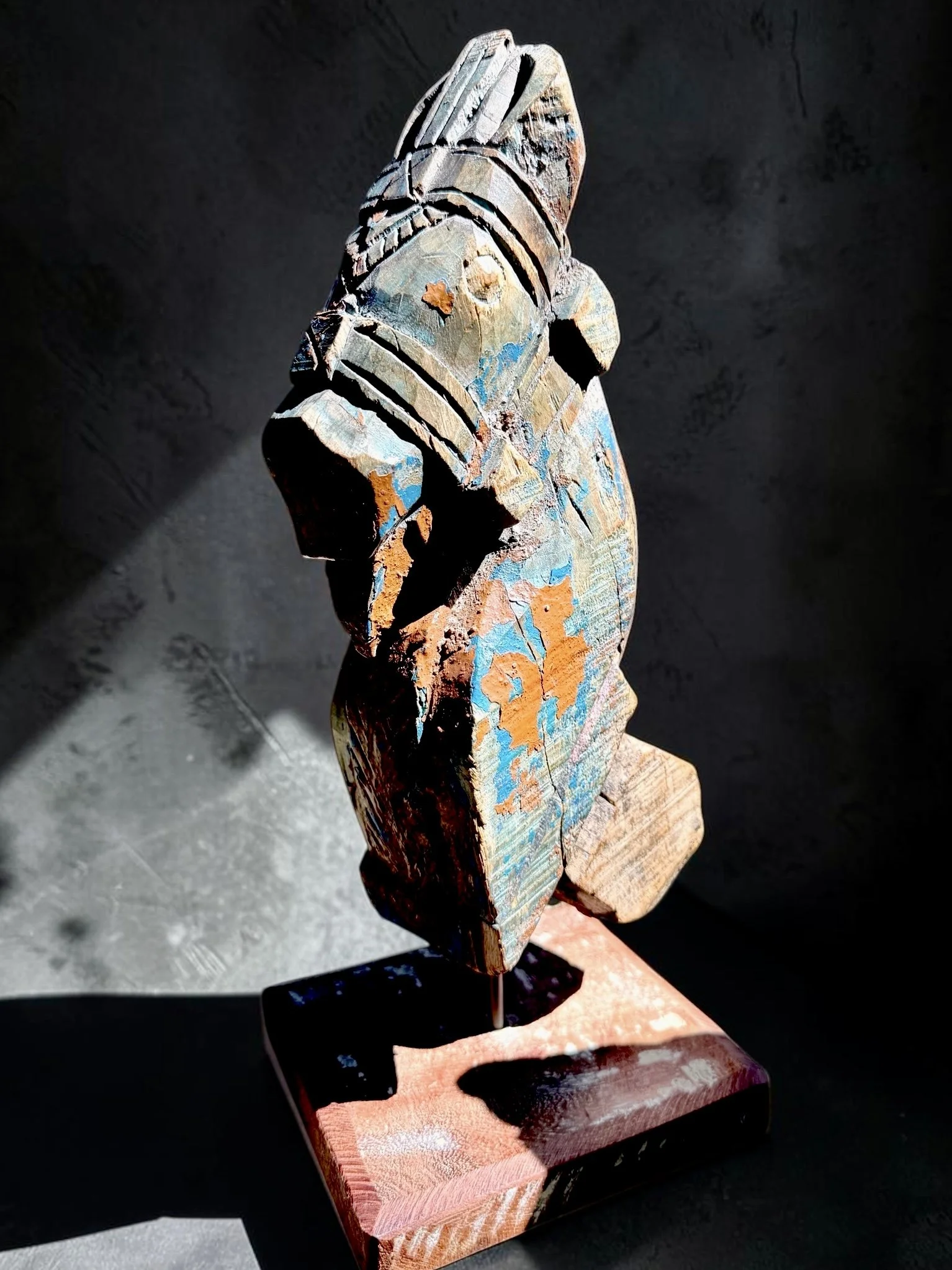 Carved Indian Architectural Salvage Horse, No. 1 of 3. Hand-carved and painted wood fragment mounted on a custom stand. Early 20th century, c. 1900–1930. Approx. 13" h × 5" w × 5" d. Age-related paint loss, wear, cracks and irregularities.