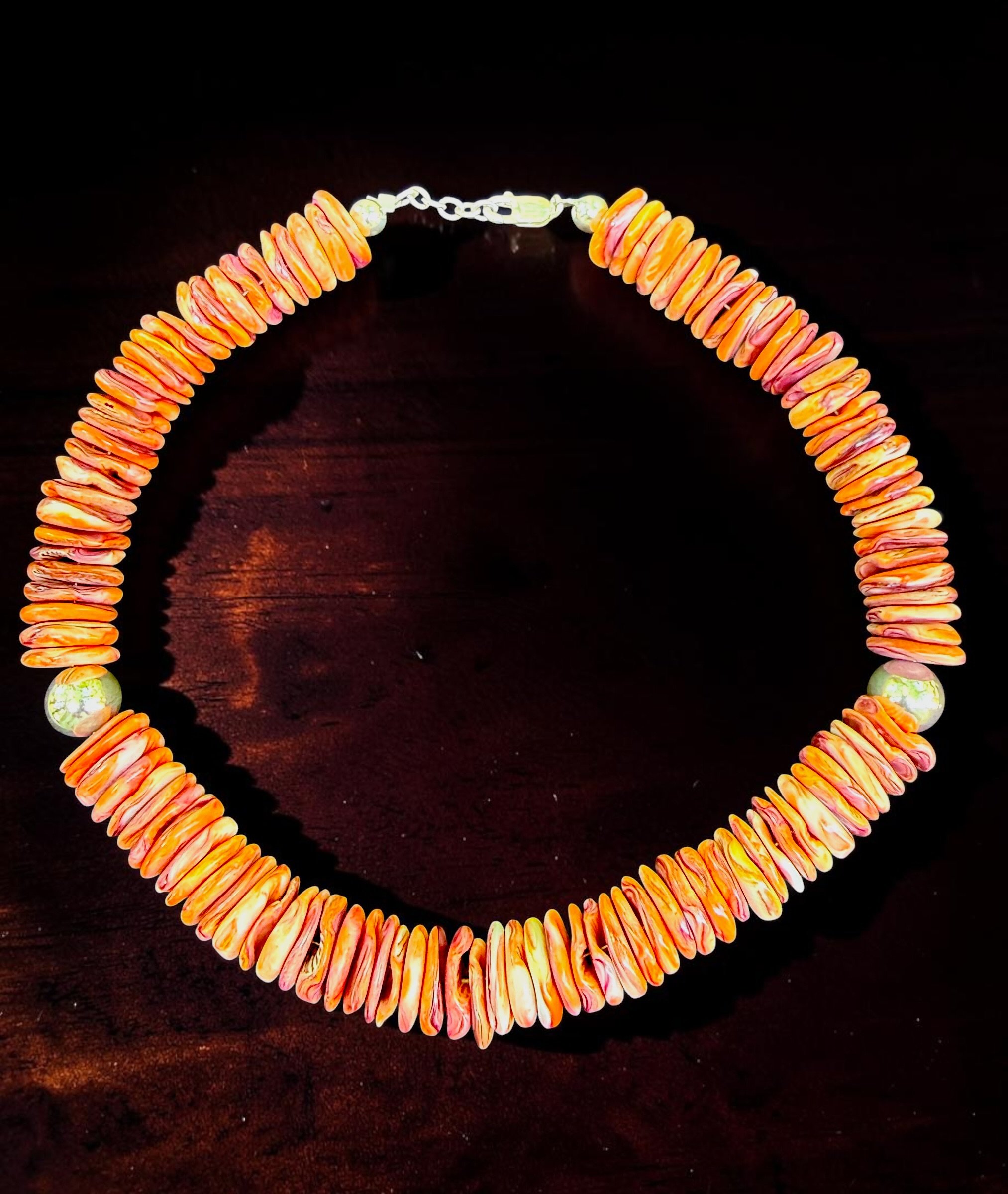 Spiny Oyster Bead Necklace
Spiny oyster shell, sterling silver
Unmarked, Contemporary restringing