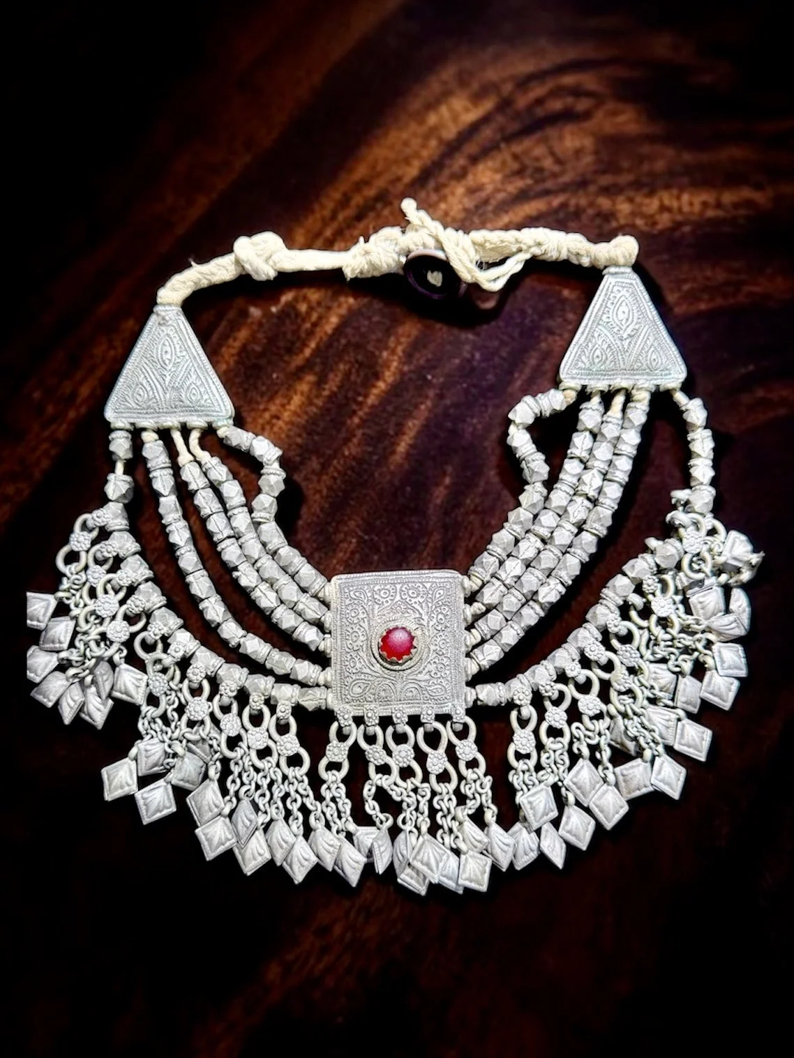 Afghan Kuchi tribal white metal ceremonial necklace, c. early-mid 20th century — $225