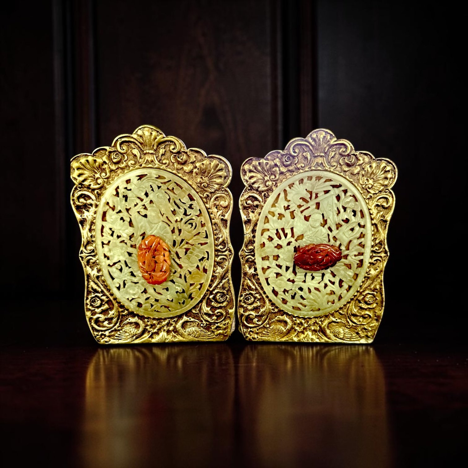 Pair of Gilt Bookends, pierced stone panel, center pierced medallion
c. 1920s
China
