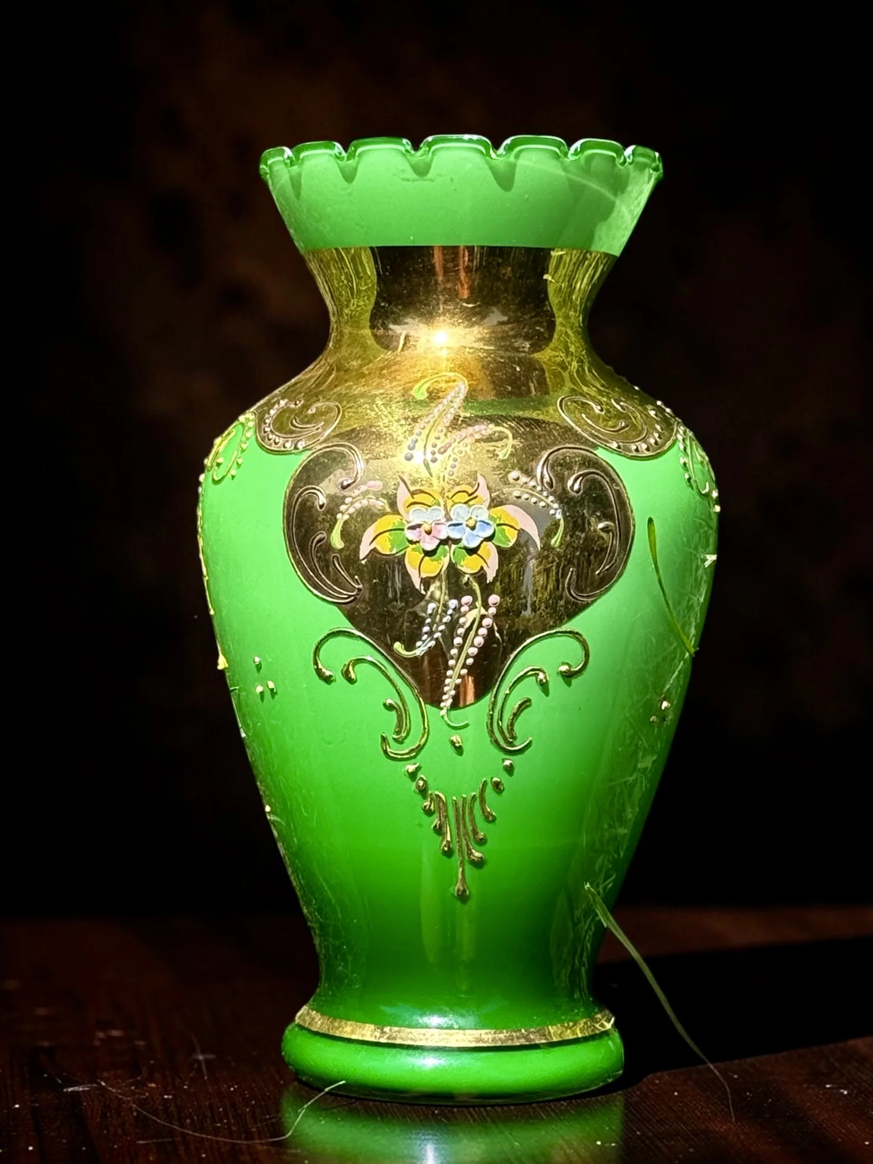 Bohemian/Czech enameled and gilt green art glass vase, circa 1900, maker unidentified. 10"h x 5"w